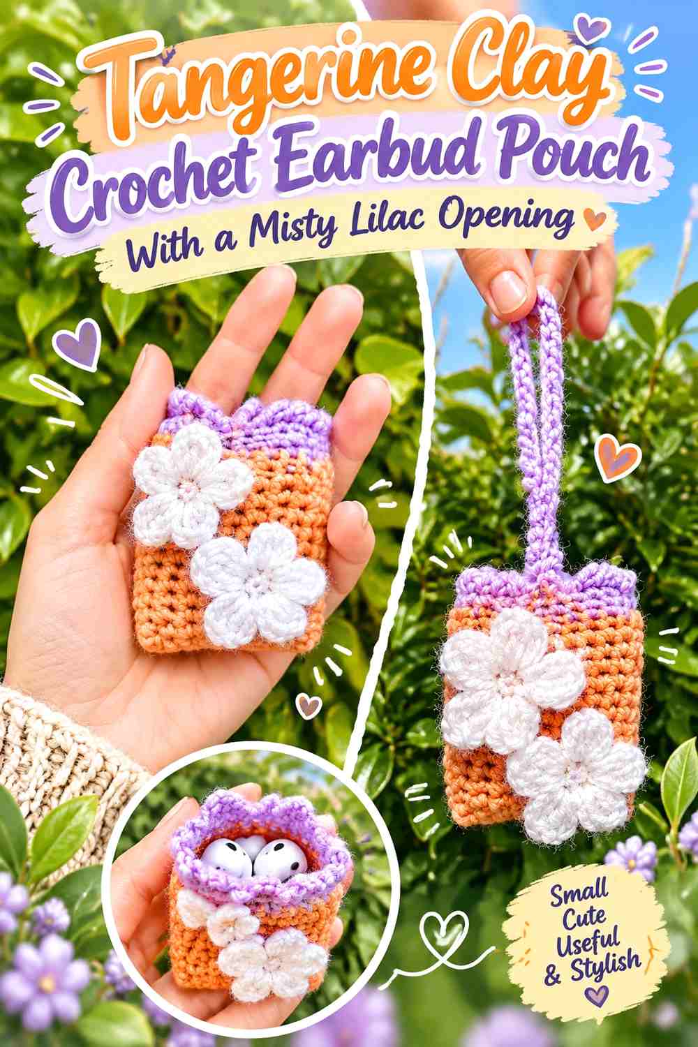 Tangerine Clay Crochet Earbud Pouch With a Misty Lilac Opening