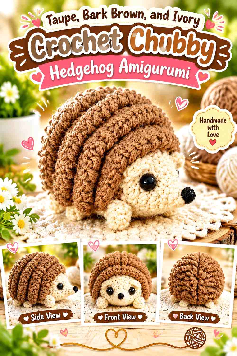 Taupe, Bark Brown, and Ivory Crochet Chubby Hedgehog Amigurumi