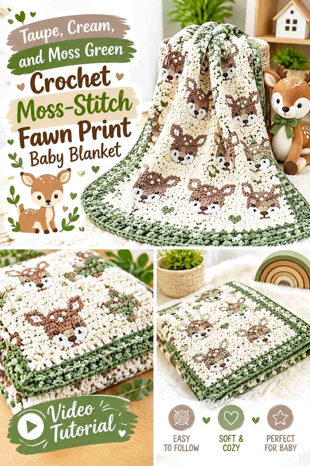 Taupe, Cream, and Moss Green Crochet Moss-Stitch Fawn Print Baby Blanket