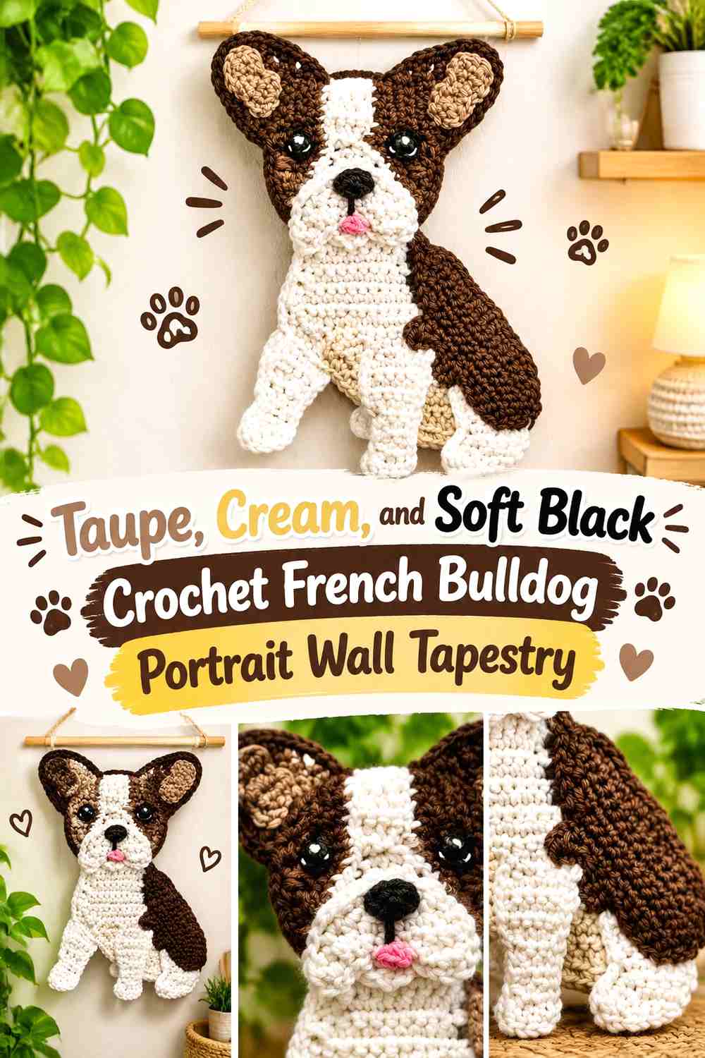 Taupe, Cream, and Soft Black Crochet French Bulldog Portrait Wall Tapestry