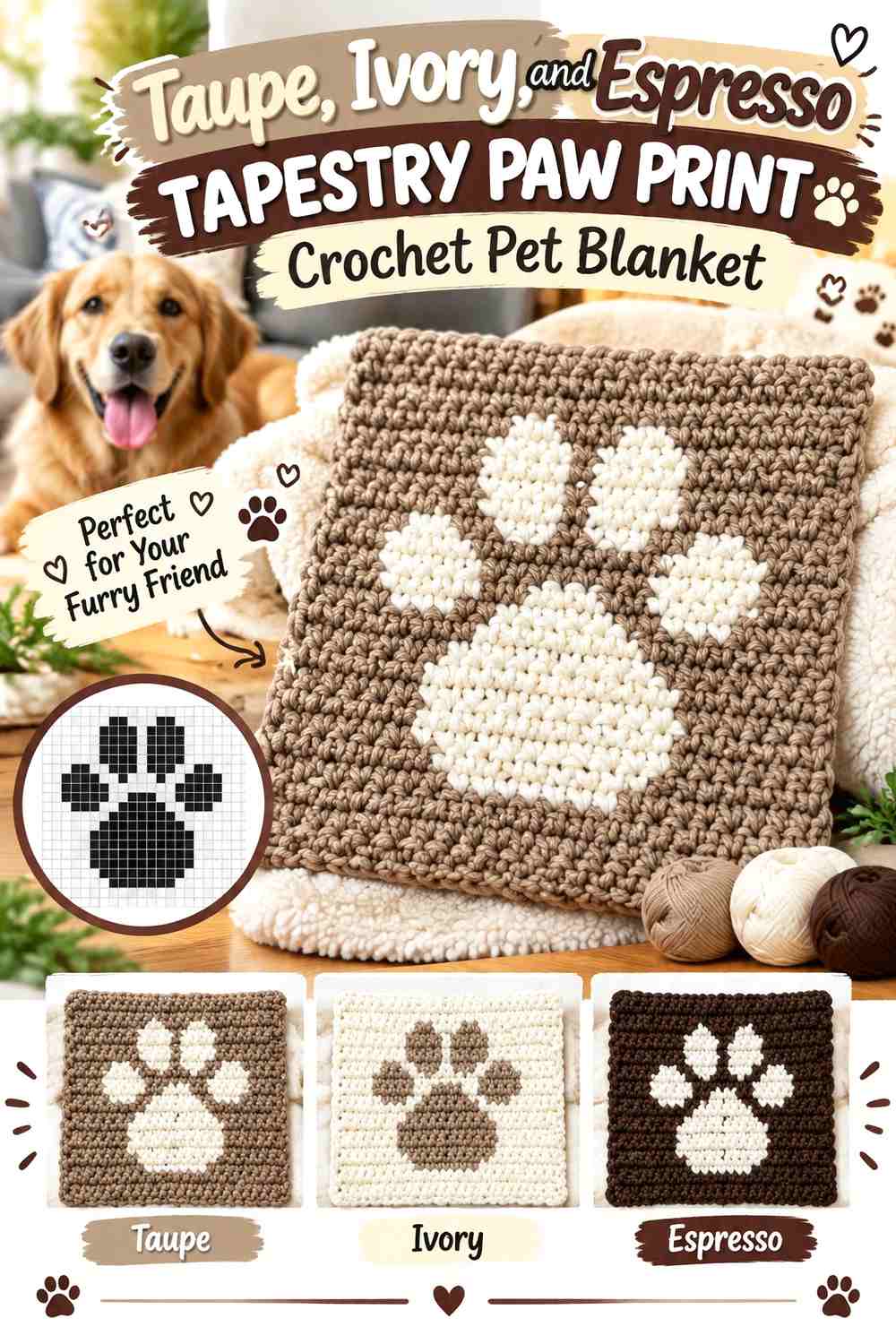 Taupe, Ivory, and Espresso Tapestry Paw Print Crochet Pet Blanket