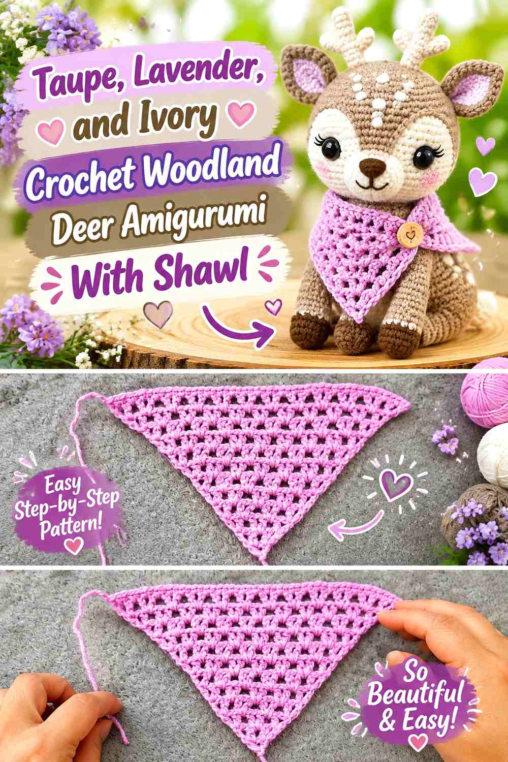 Taupe, Lavender, and Ivory Crochet Woodland Deer Amigurumi With Shawl