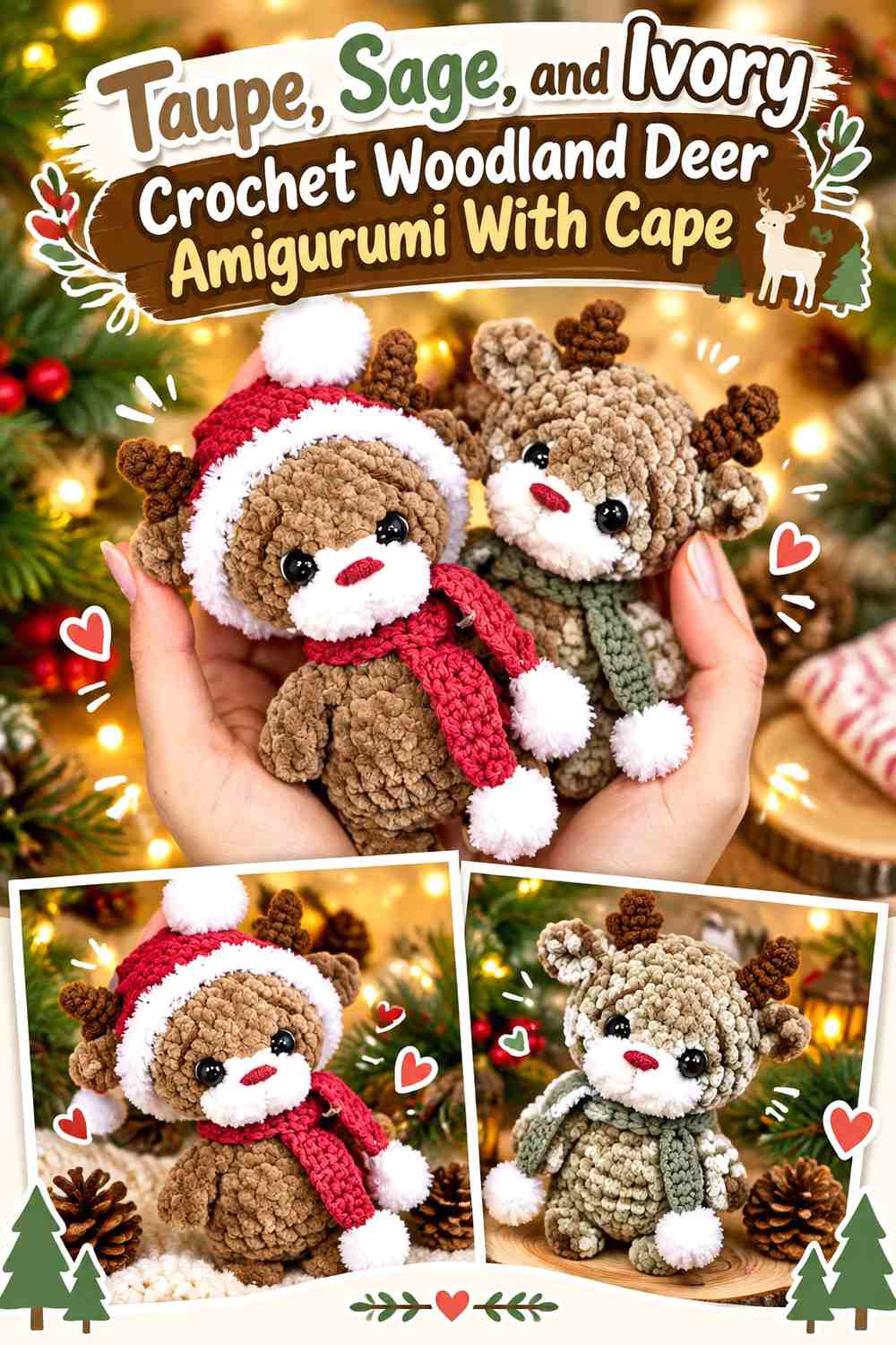 Taupe, Sage, and Ivory Crochet Woodland Deer Amigurumi With Cape