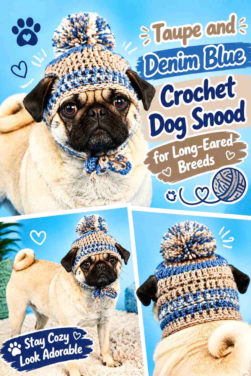 Taupe and Denim Blue Crochet Dog Snood for Long-Eared Breeds