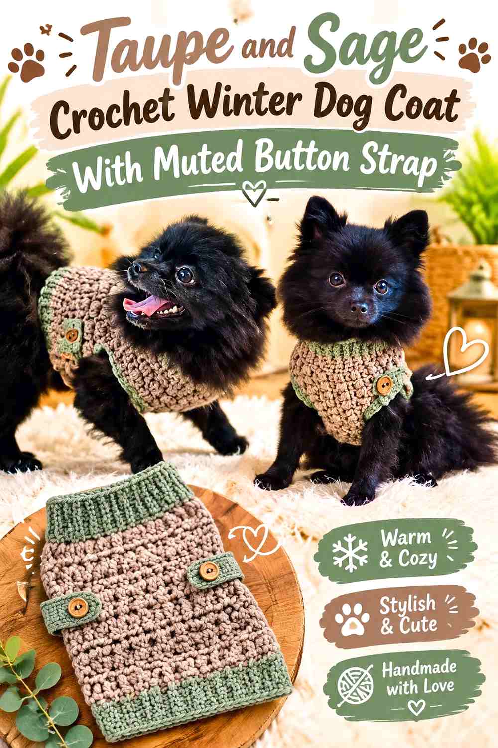 Taupe and Sage Crochet Winter Dog Coat With Muted Button Strap