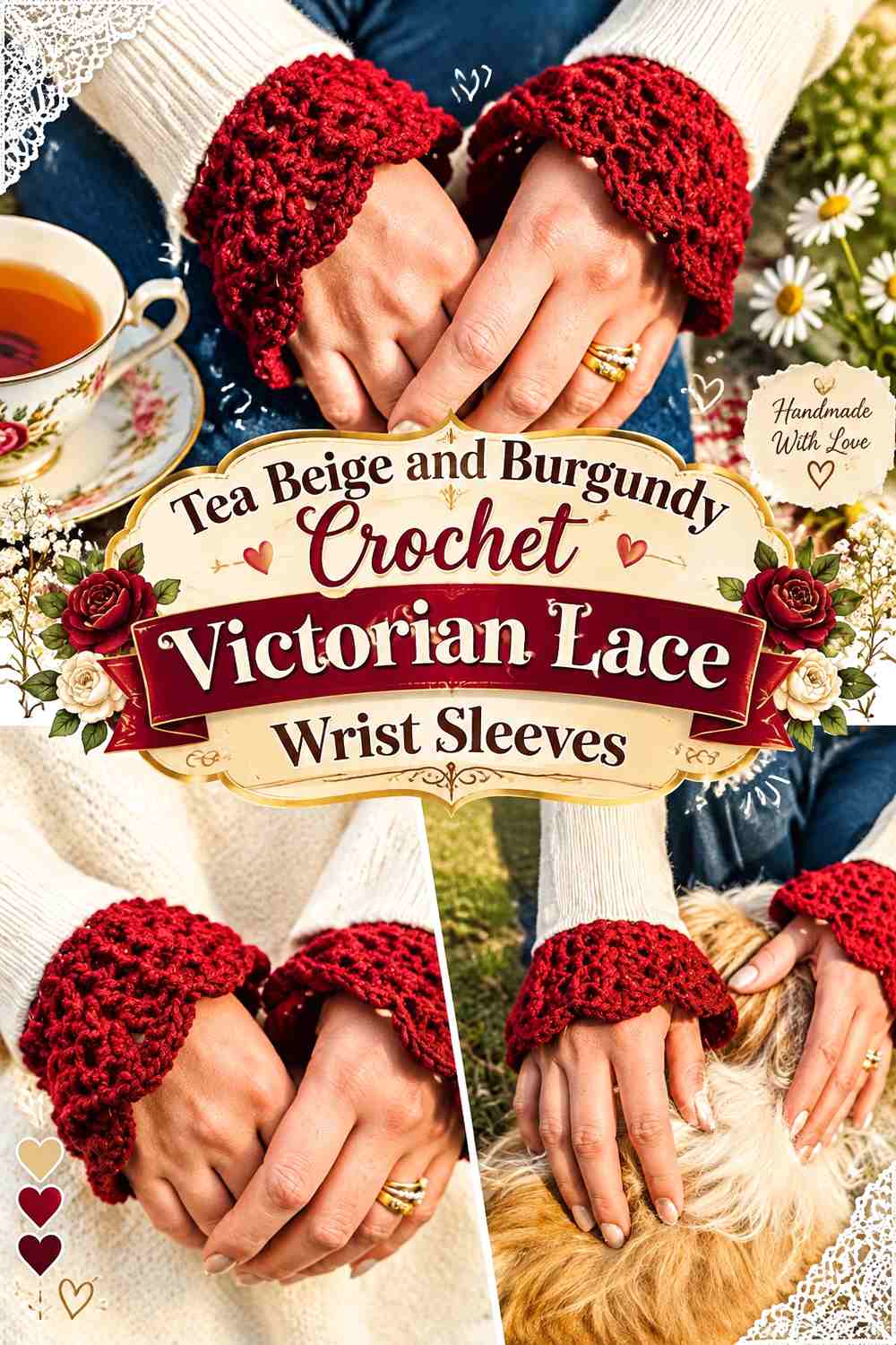 Tea Beige and Burgundy Crochet Victorian Lace Wrist Sleeves