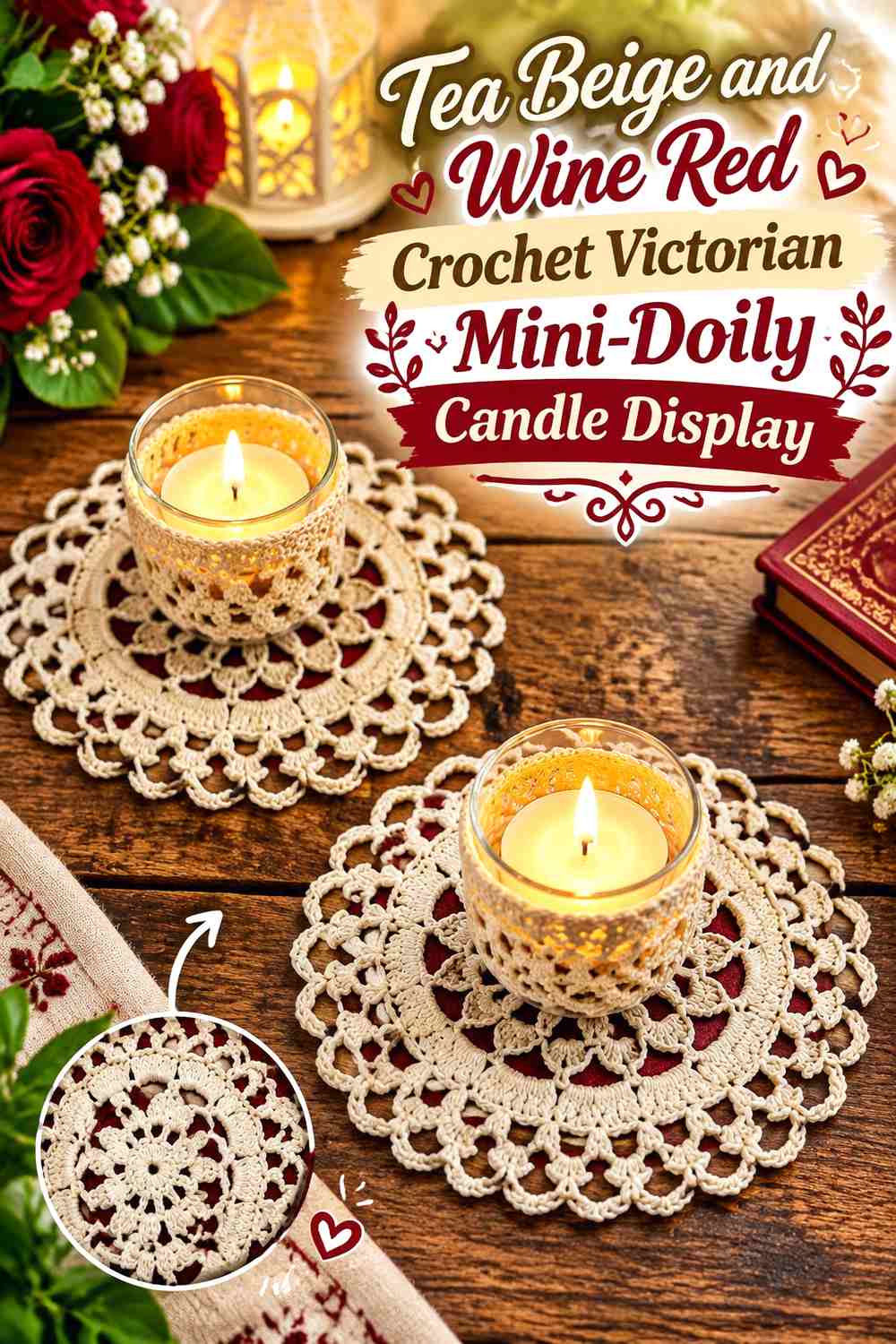 Tea Beige and Wine Red Crochet Victorian Mini-Doily Candle Display