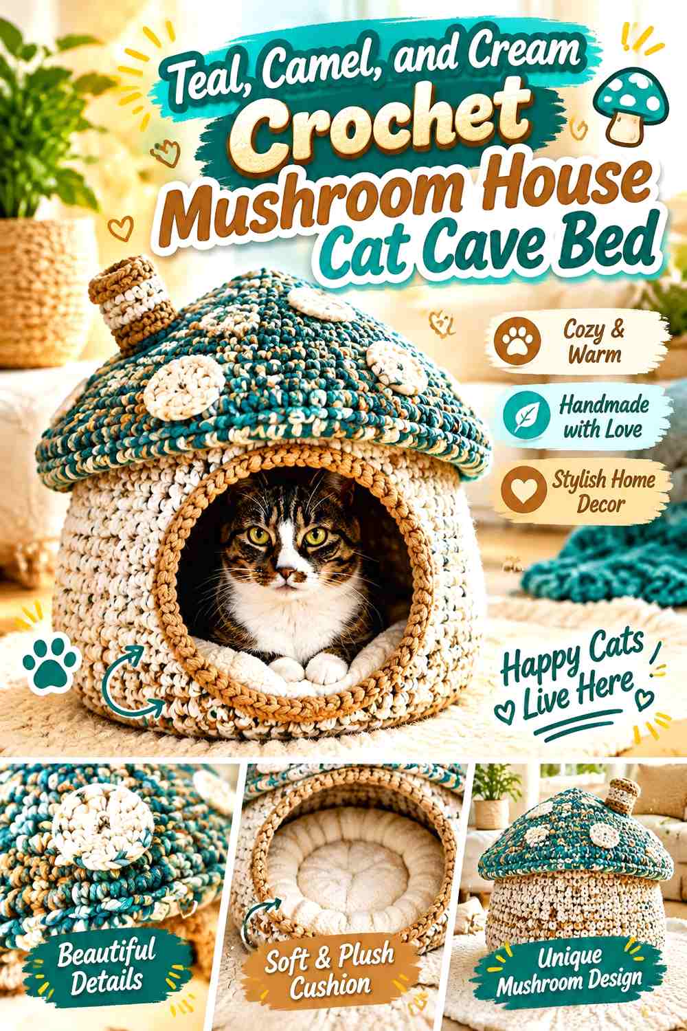 Teal, Camel, and Cream Crochet Mushroom House Cat Cave Bed