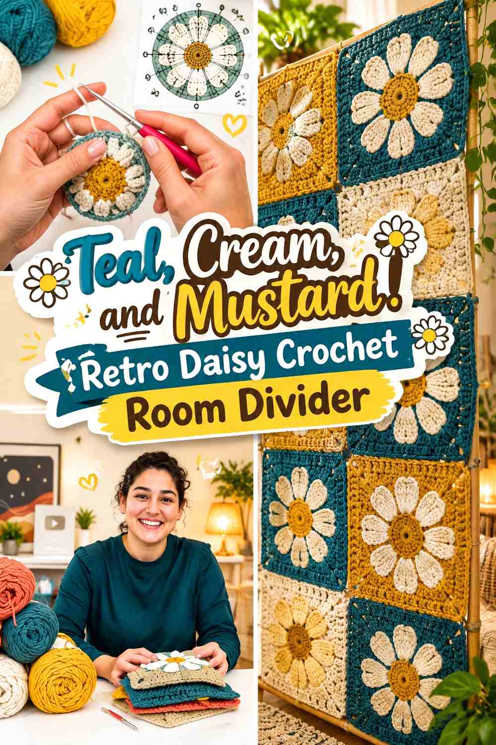 Teal, Cream, and Mustard Retro Daisy Crochet Room Divider