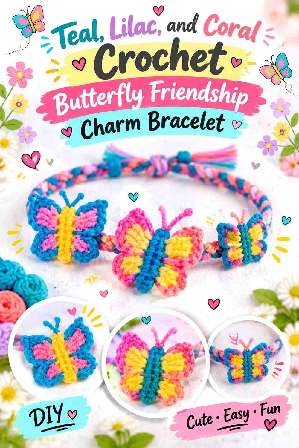 Teal, Lilac, and Coral Crochet Butterfly Friendship Charm Bracelet