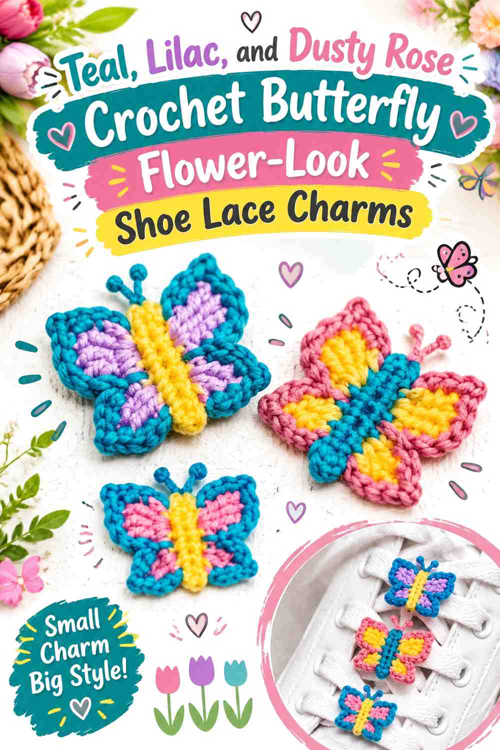 Teal, Lilac, and Dusty Rose Crochet Butterfly Flower-Look Shoe Lace Charms