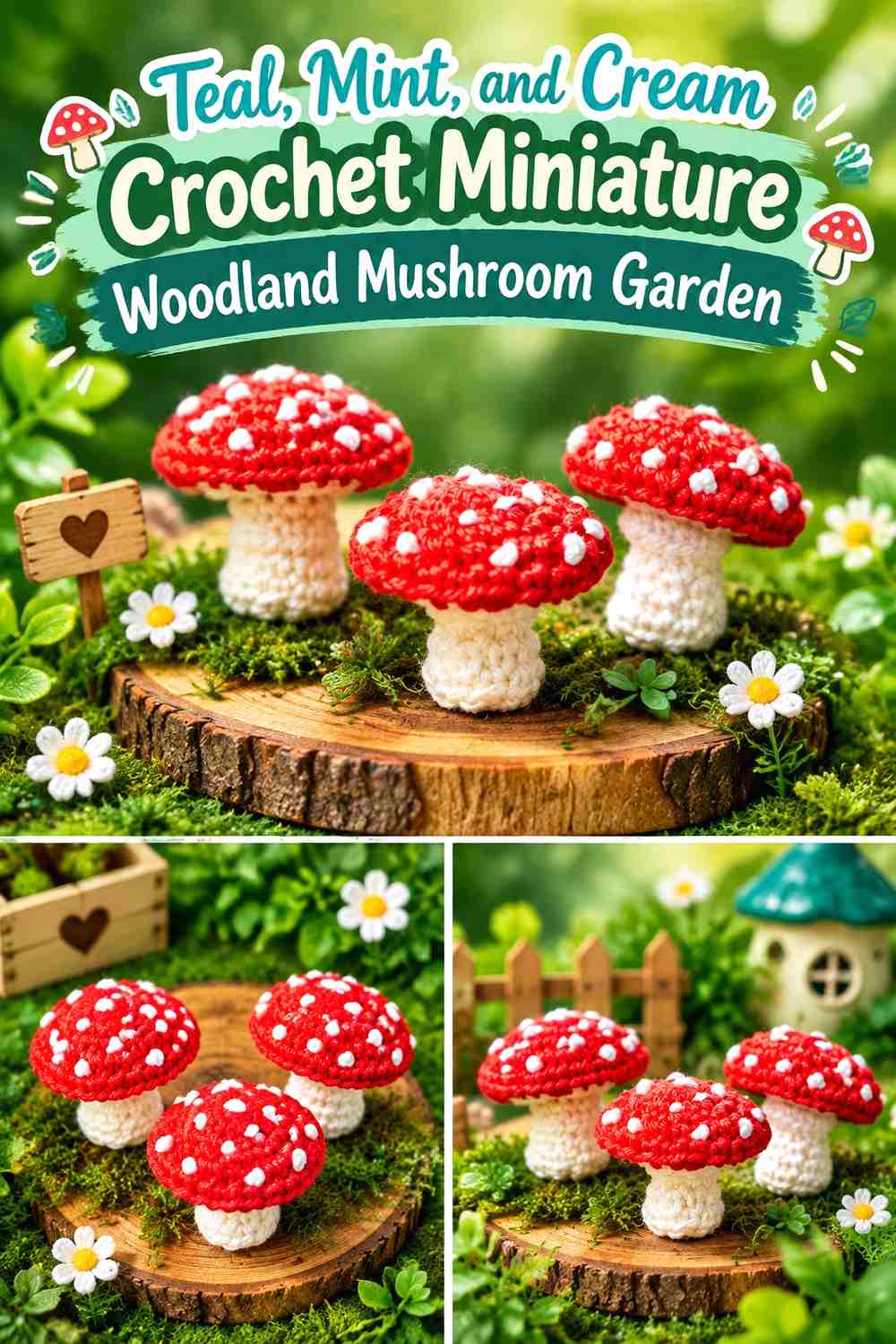 Teal, Mint, and Cream Crochet Miniature Woodland Mushroom Garden
