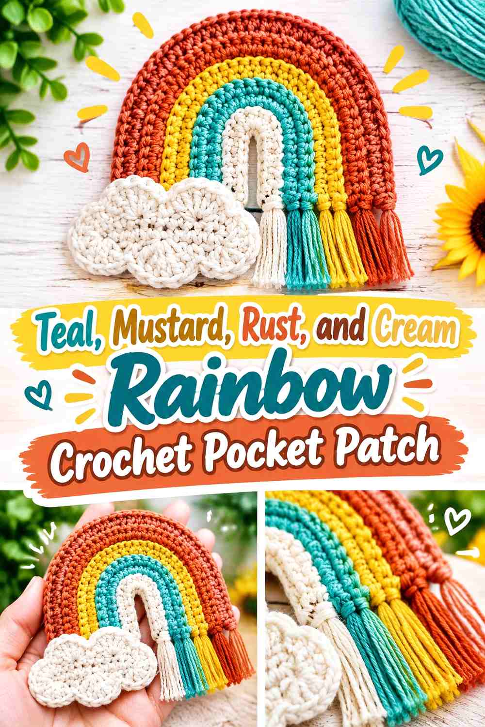 Teal, Mustard, Rust, and Cream Rainbow Crochet Pocket Patch