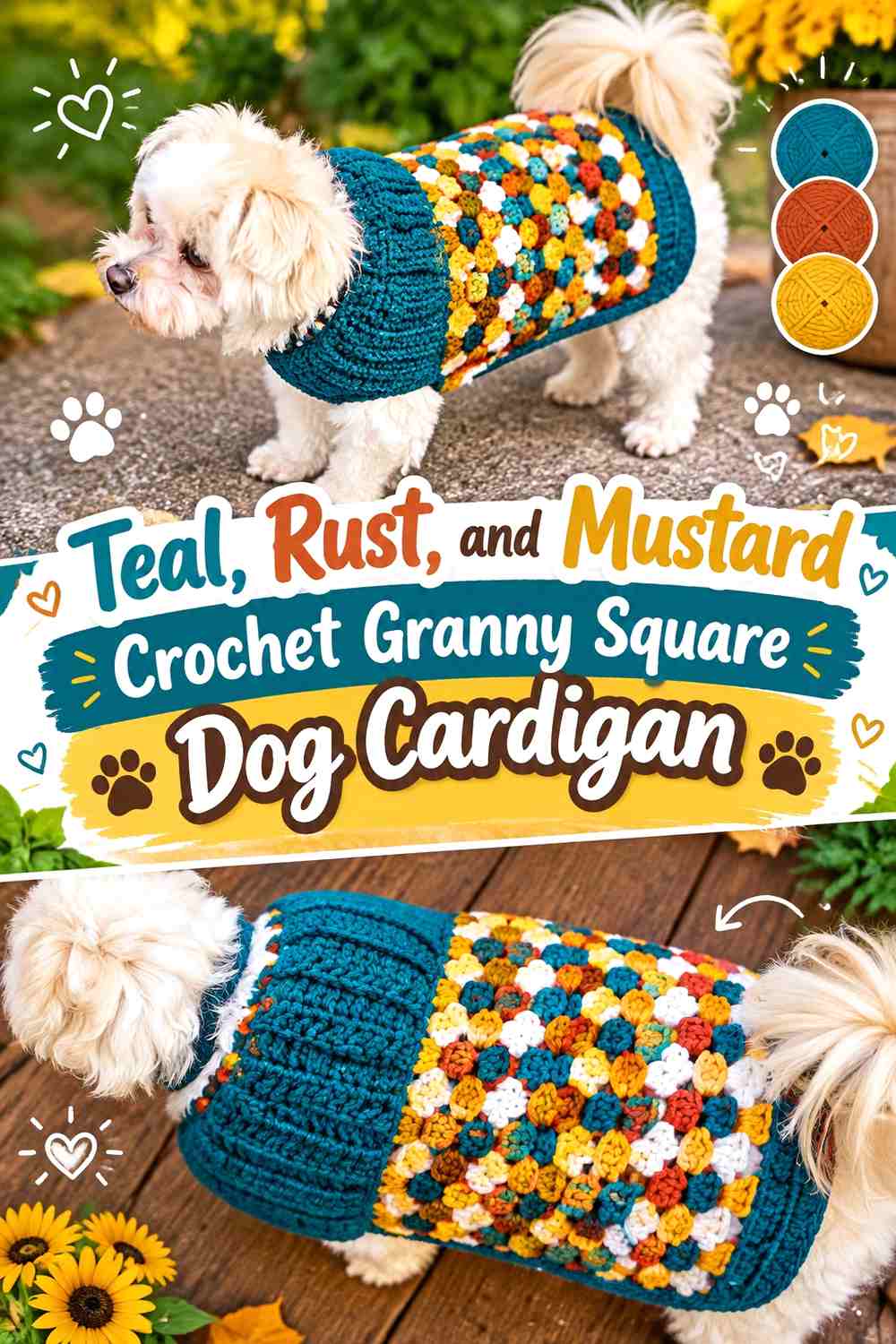 Teal, Rust, and Mustard Crochet Granny Square Dog Cardigan