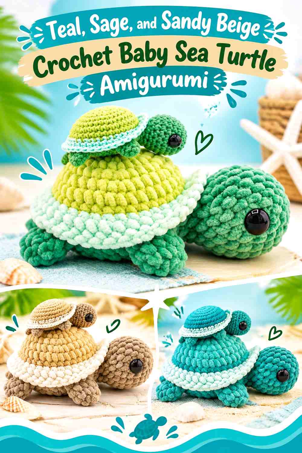 Teal, Sage, and Sandy Beige Crochet Baby Sea Turtle Amigurumi