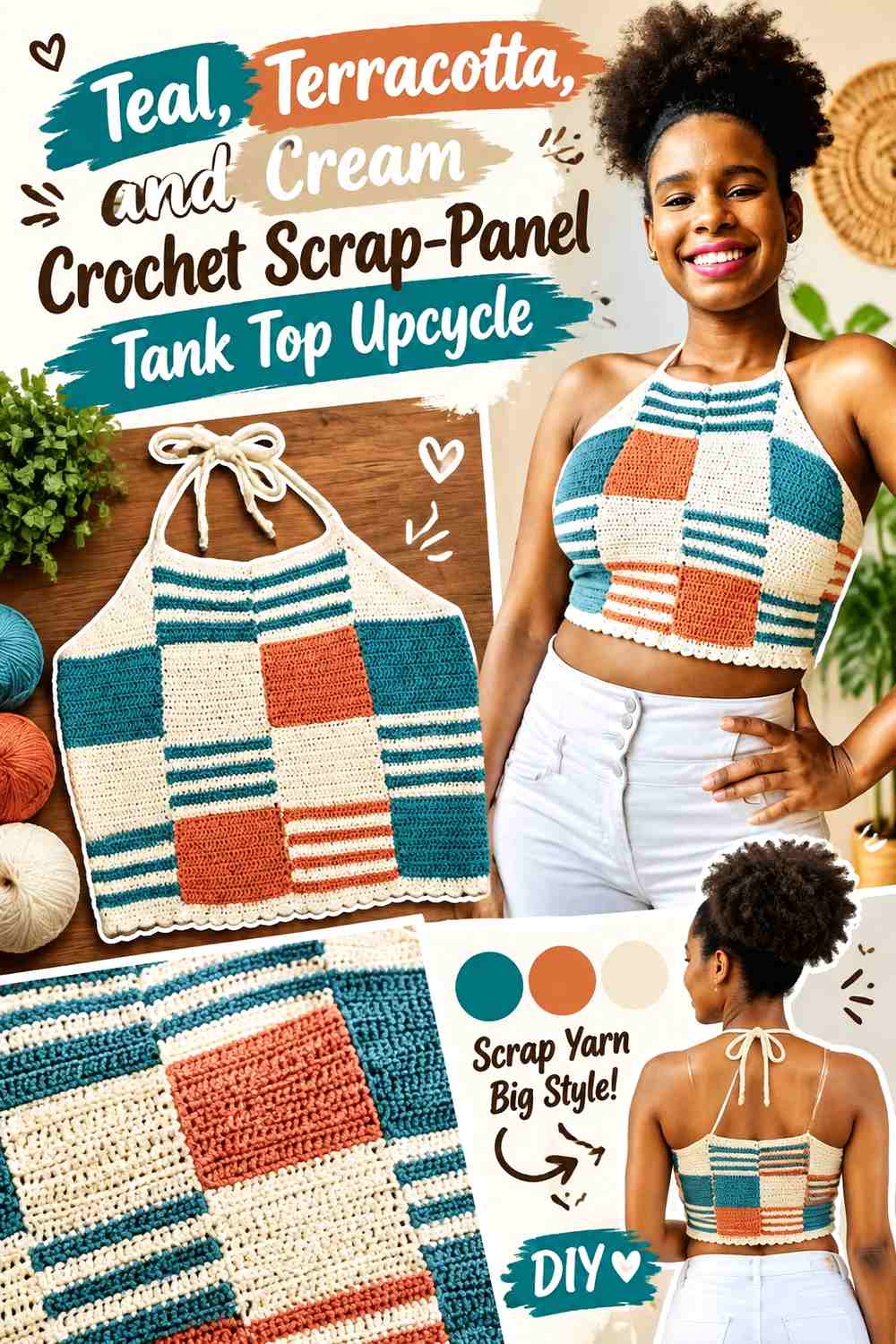Teal, Terracotta, and Cream Crochet Scrap-Panel Tank Top Upcycle