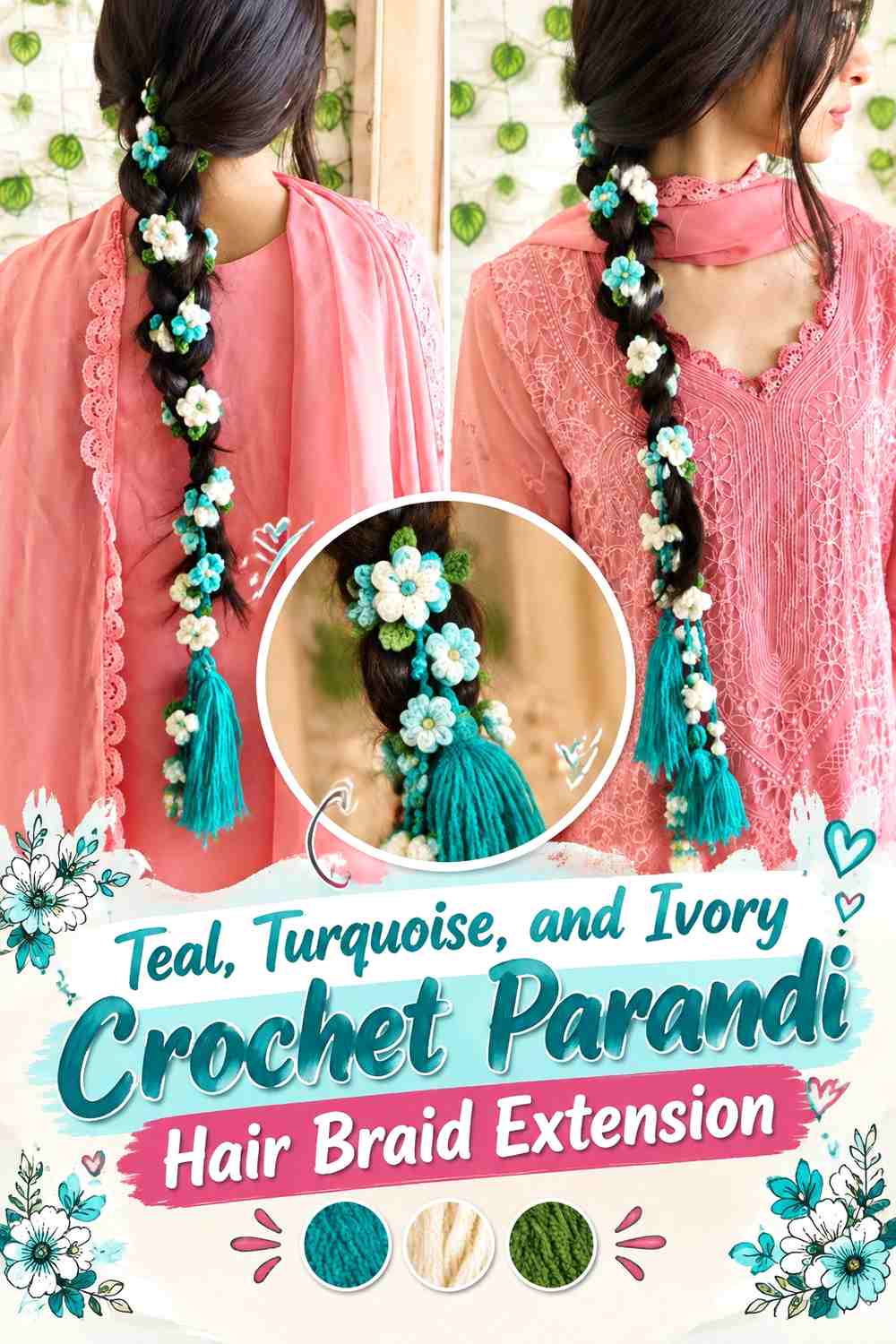 Teal, Turquoise, and Ivory Crochet Parandi Hair Braid Extension