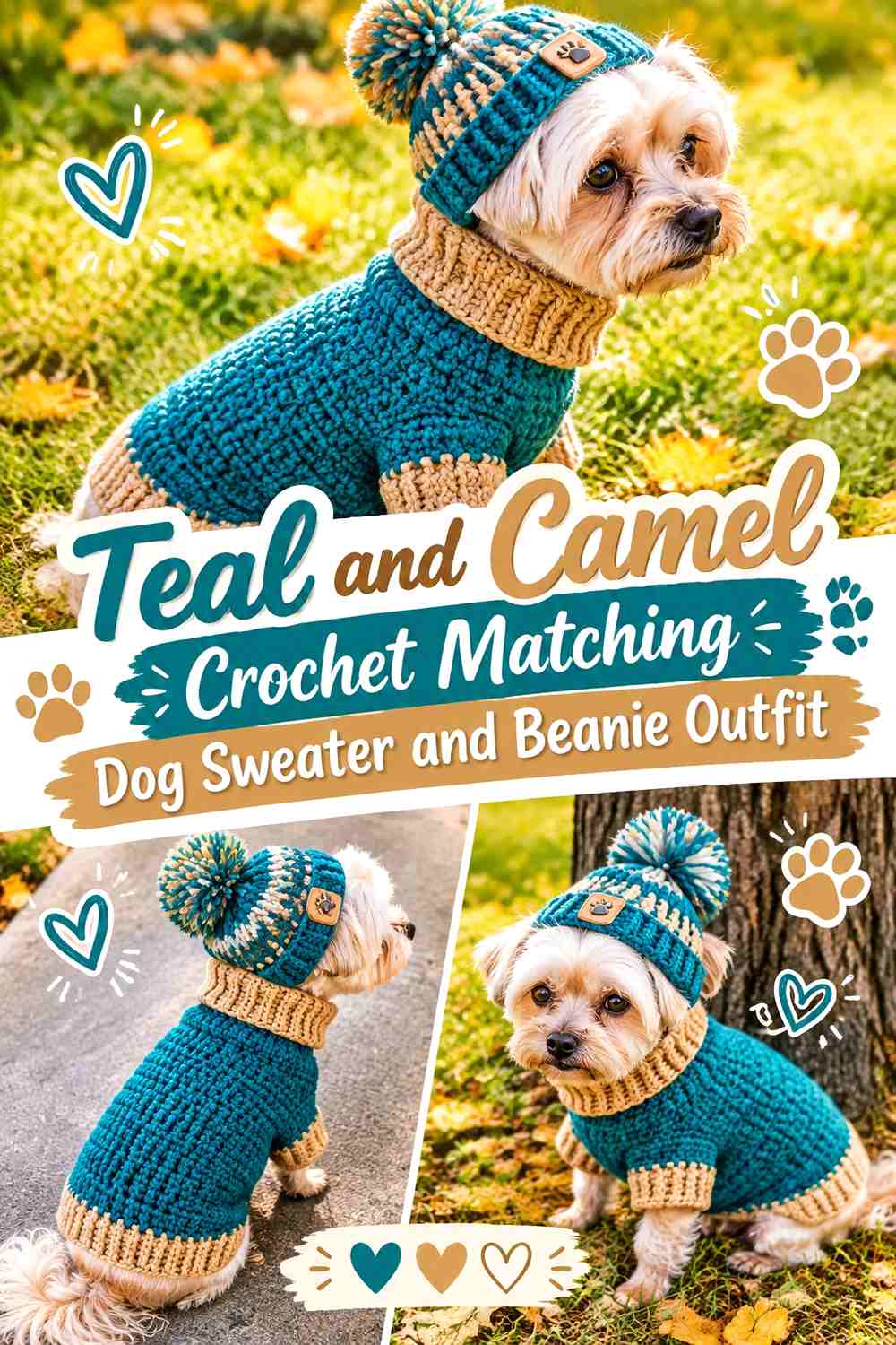 Teal and Camel Crochet Matching Dog Sweater and Beanie Outfit