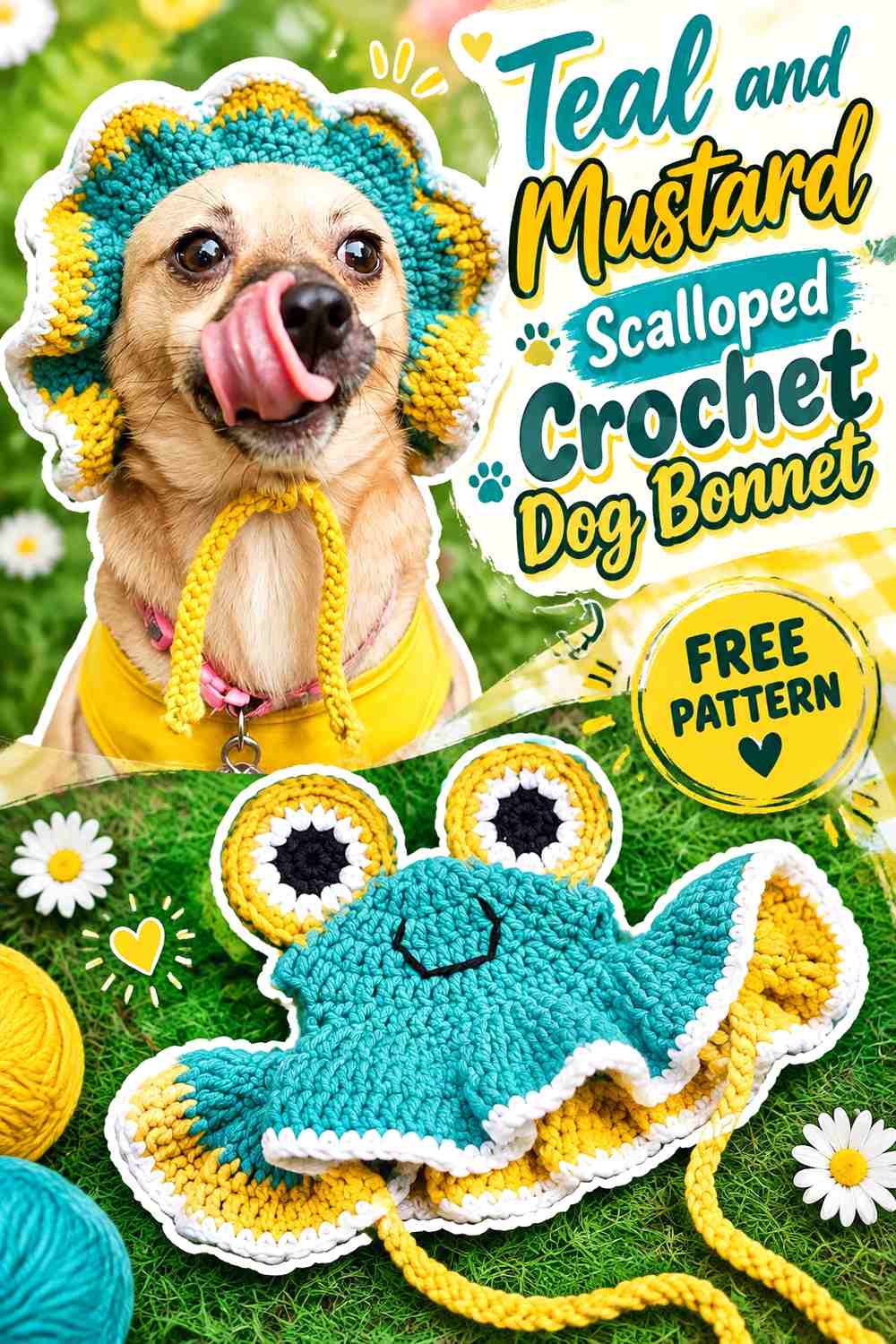 Teal and Mustard Scalloped Crochet Dog Bonnet