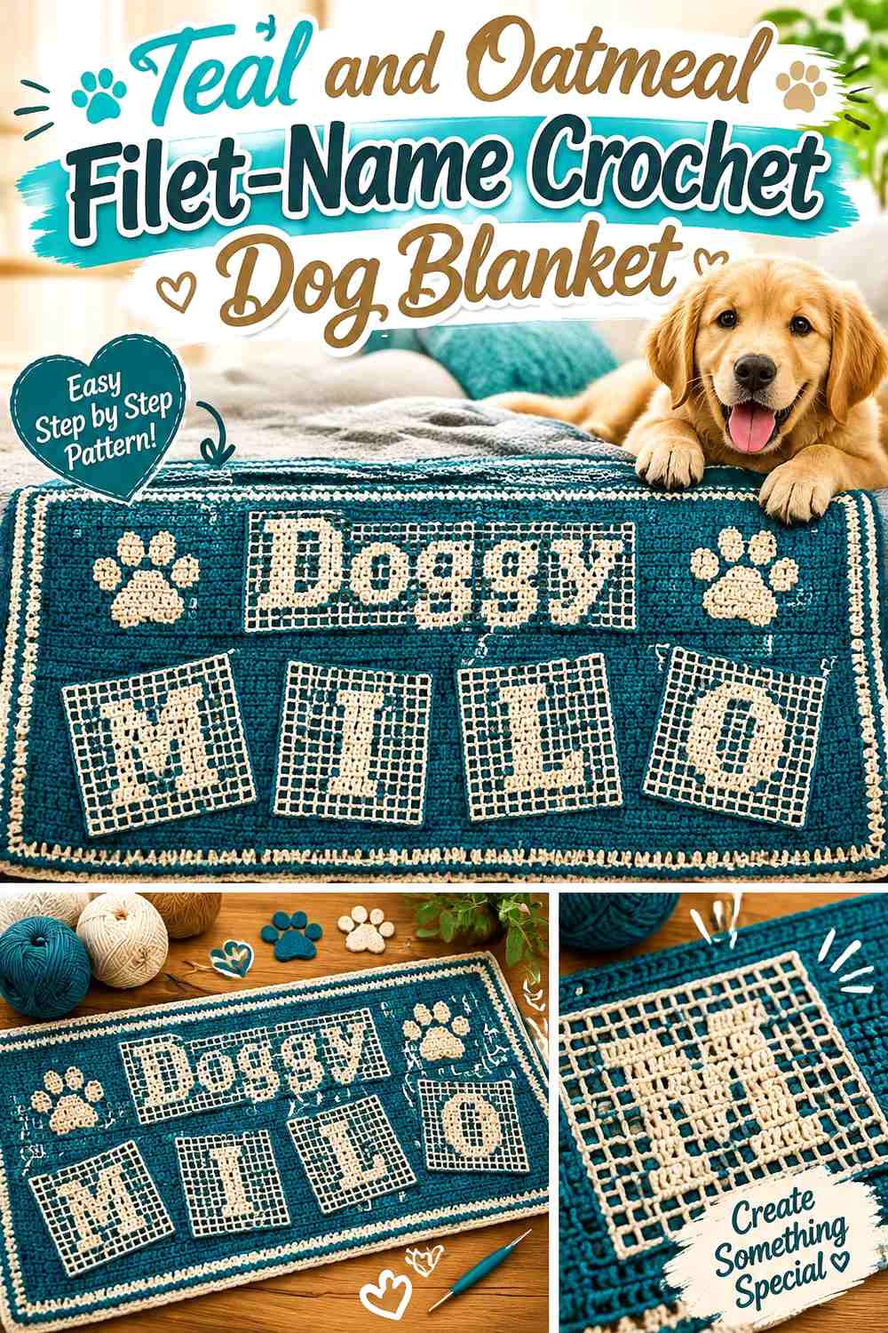 Teal and Oatmeal Filet-Name Crochet Dog Blanket