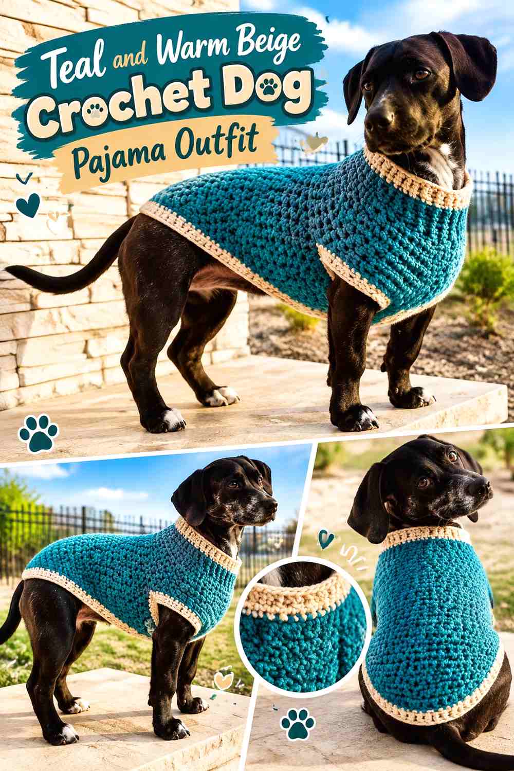 Teal and Warm Beige Crochet Dog Pajama Outfit