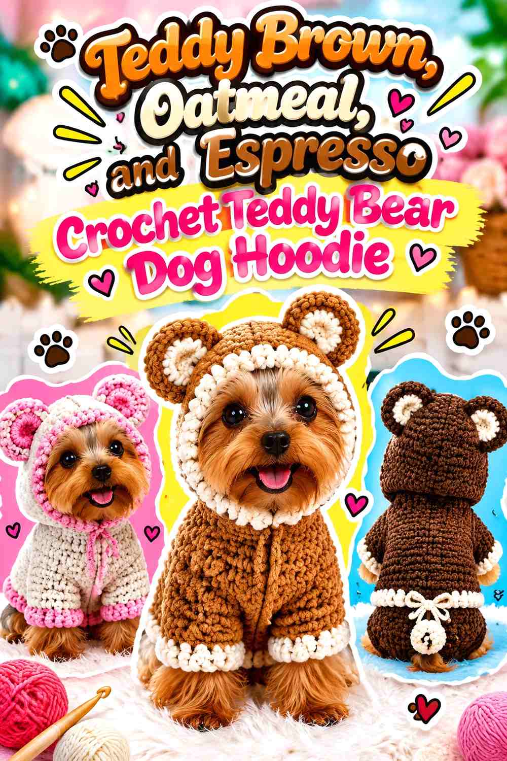 Teddy Brown, Oatmeal, and Espresso Crochet Teddy Bear Dog Hoodie