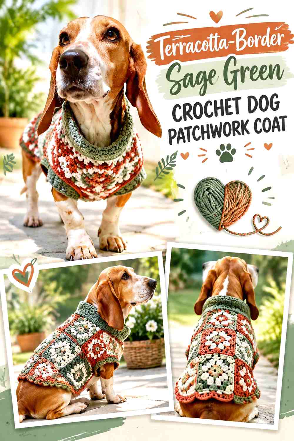 Terracotta-Border Sage Green Crochet Dog Patchwork Coat