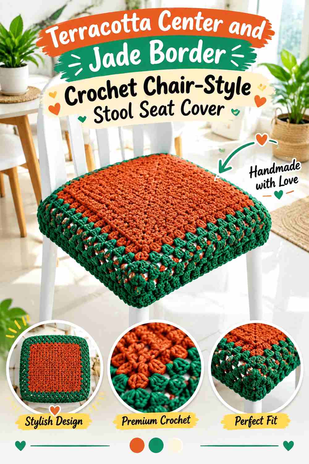 8. Terracotta Center And Jade Border Crochet Chair Style Stool Seat Cover