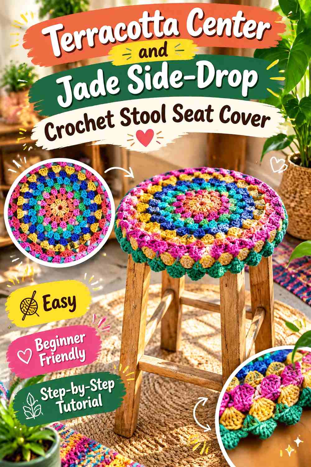 2. Terracotta Center And Jade Side Drop Crochet Stool Seat Cover