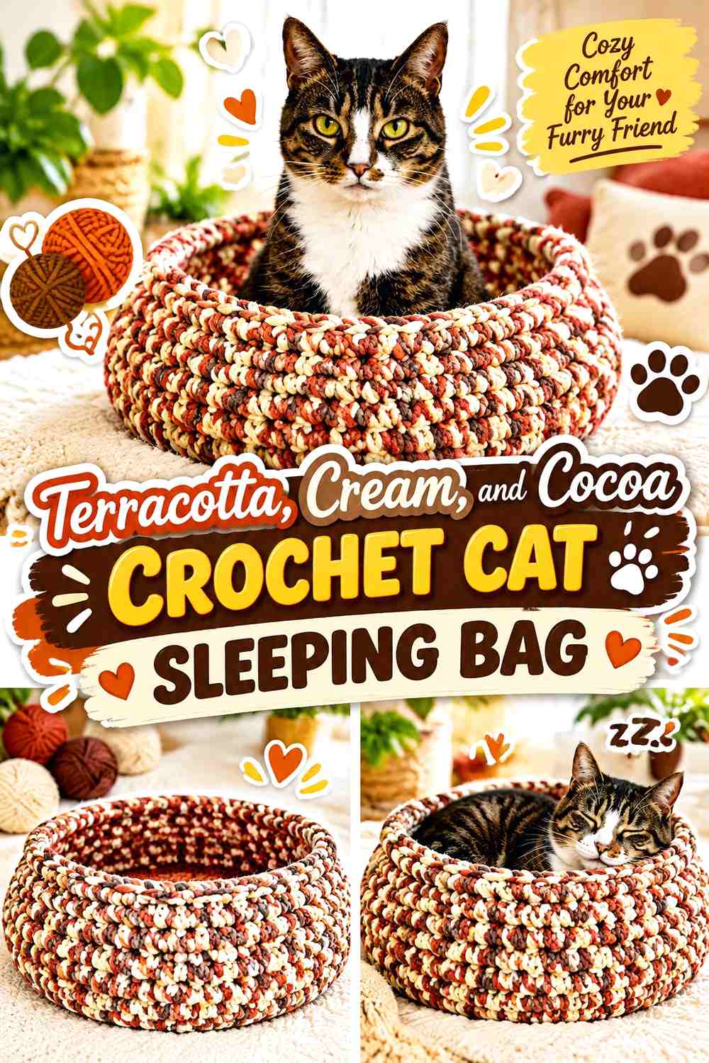 Terracotta, Cream, and Cocoa Crochet Cat Sleeping Bag
