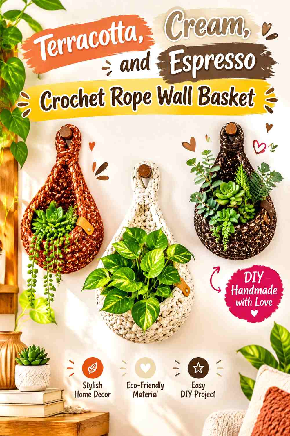 Terracotta, Cream, and Espresso Crochet Rope Wall Basket