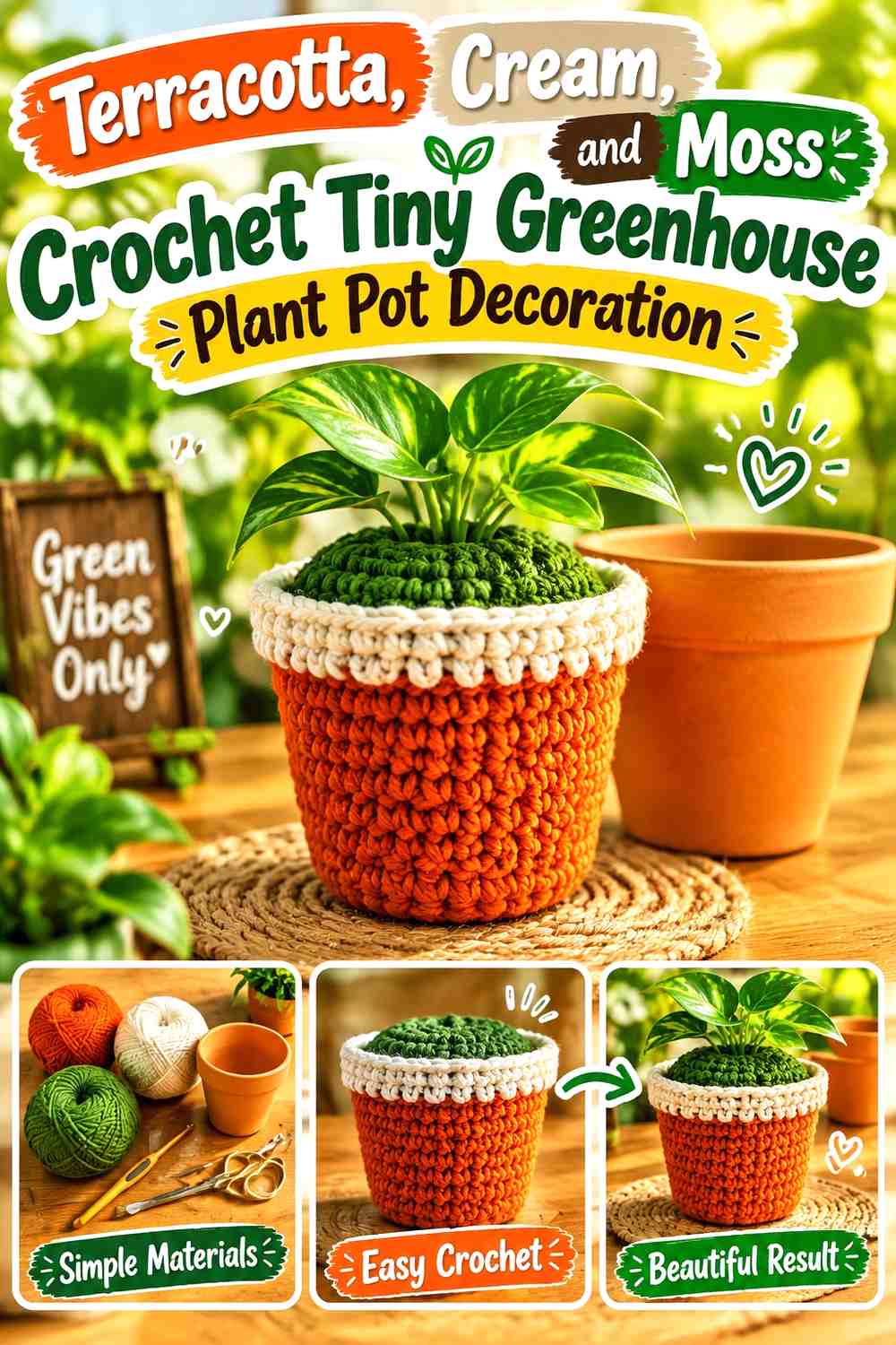 Terracotta, Cream, and Moss Crochet Tiny Greenhouse Plant Pot Decoration