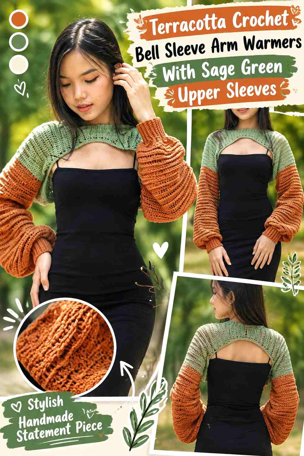 Terracotta Crochet Bell Sleeve Arm Warmers With Sage Green Upper Sleeves