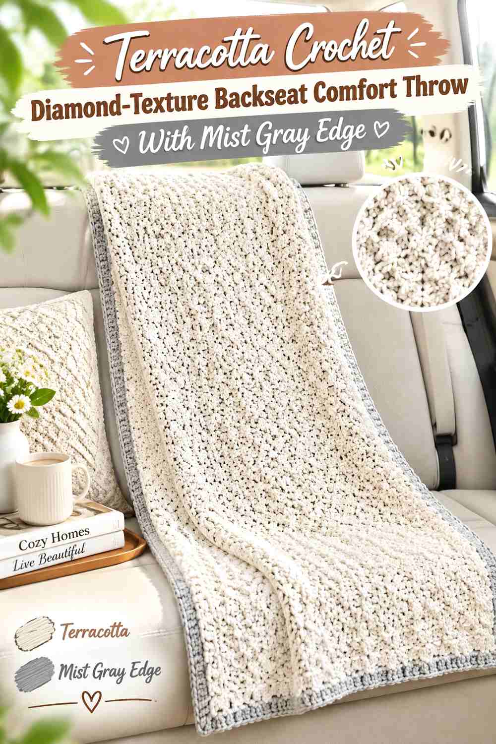 Terracotta Crochet Diamond-Texture Backseat Comfort Throw With Mist Gray Edge