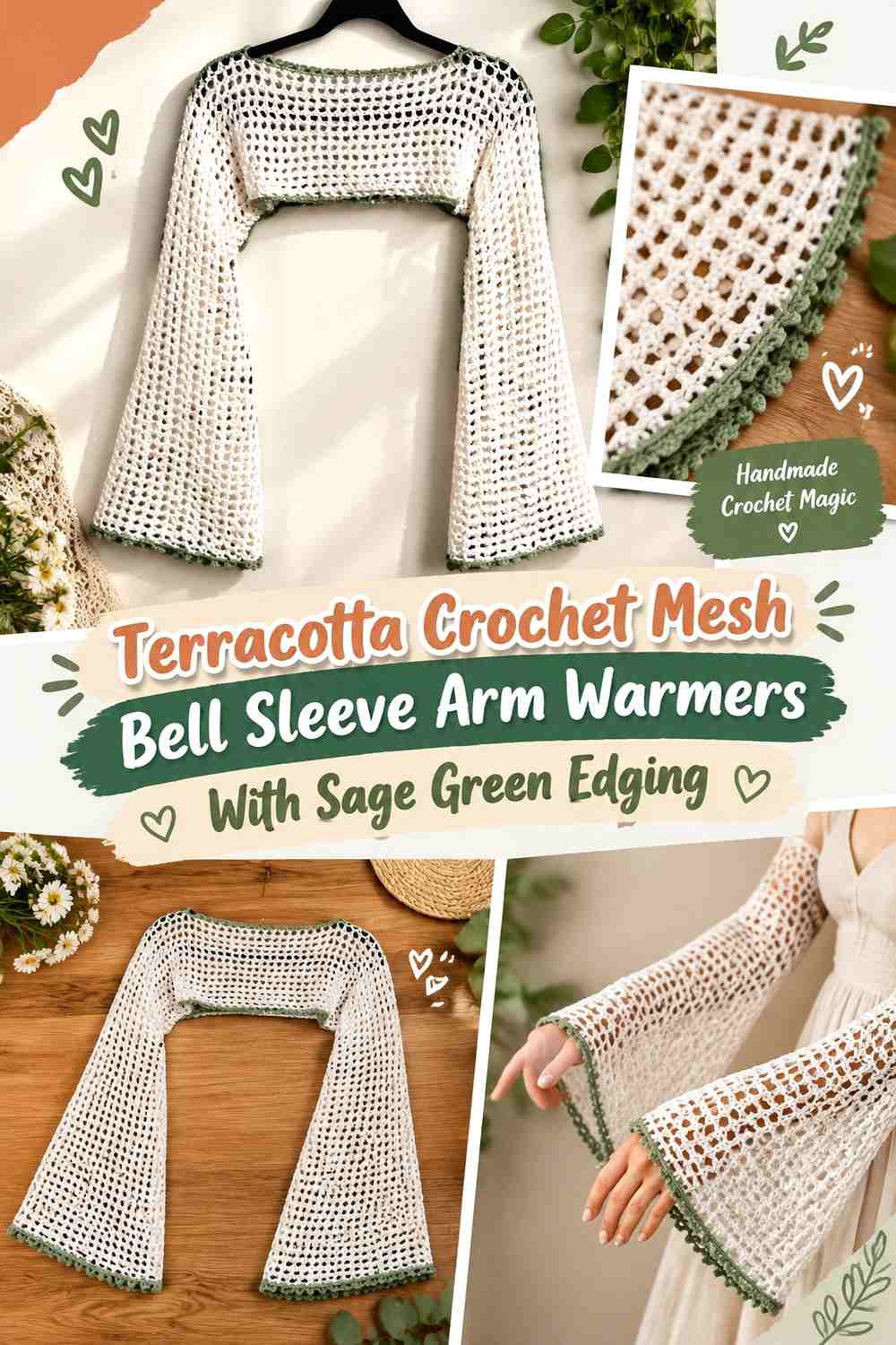 Terracotta Crochet Mesh Bell Sleeve Arm Warmers With Sage Green Edging