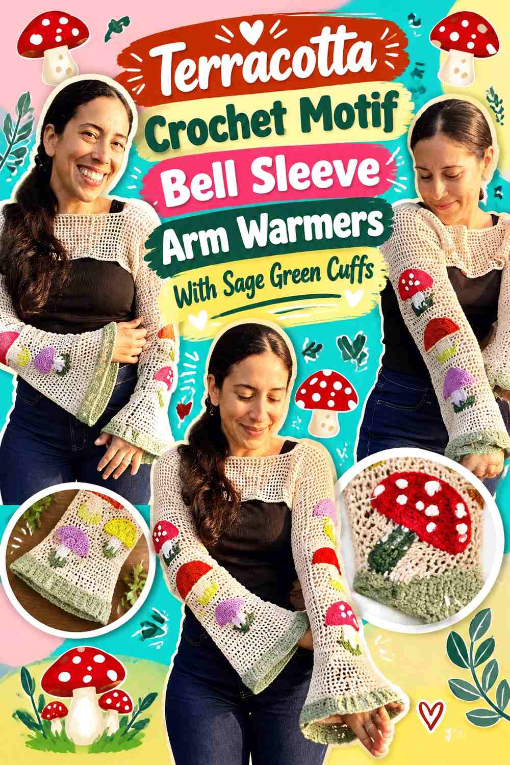 Terracotta Crochet Motif Bell Sleeve Arm Warmers With Sage Green Cuffs