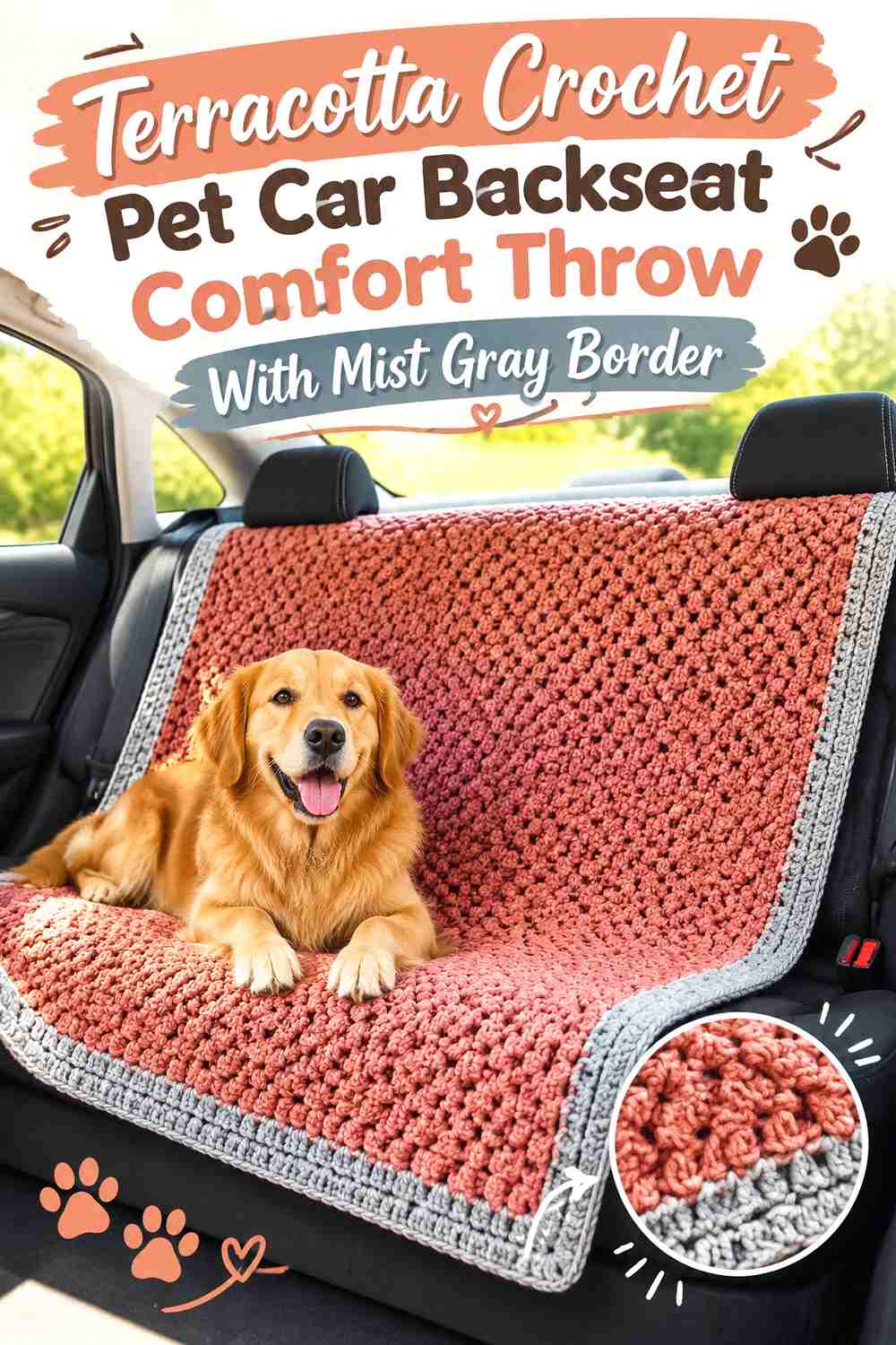Terracotta Crochet Pet Car Backseat Comfort Throw With Mist Gray Border