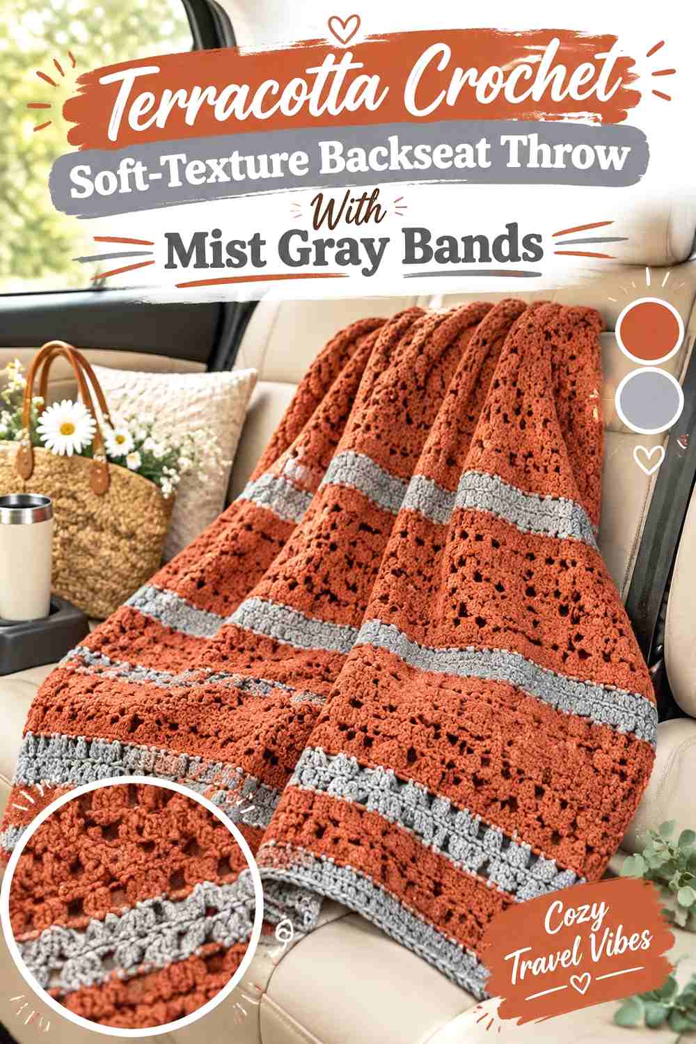 Terracotta Crochet Soft-Texture Backseat Throw With Mist Gray Bands