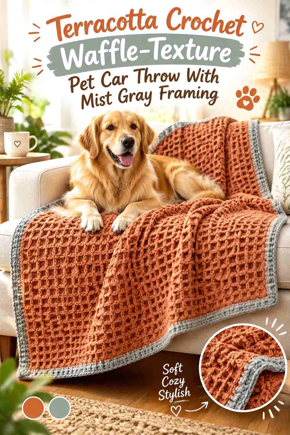 Terracotta Crochet Waffle-Texture Pet Car Throw With Mist Gray Framing