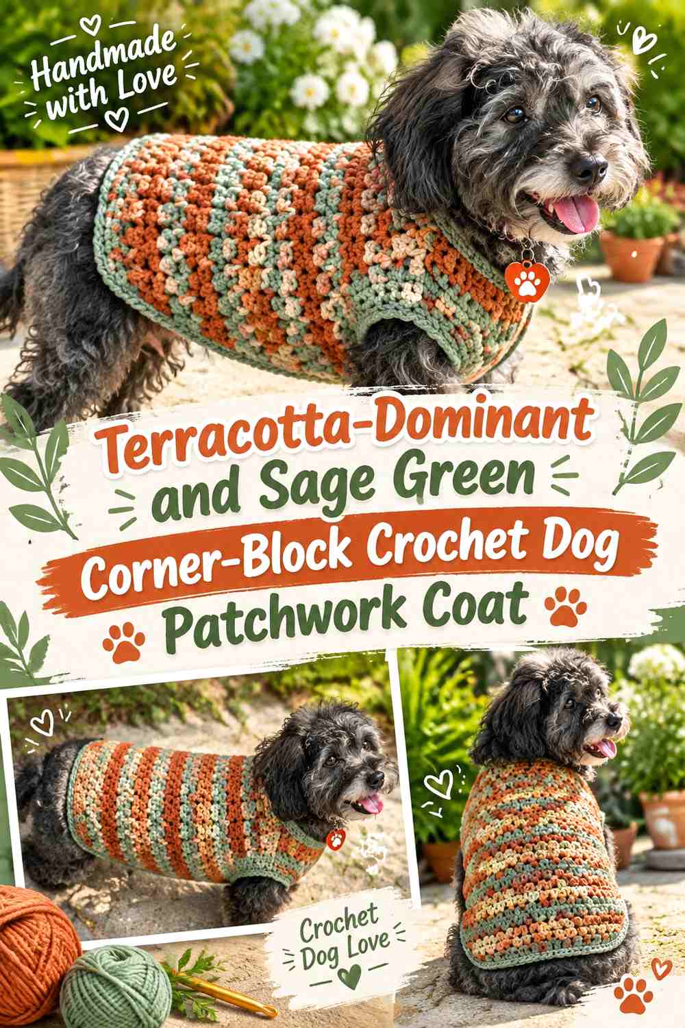 Terracotta-Dominant and Sage Green Corner-Block Crochet Dog Patchwork Coat