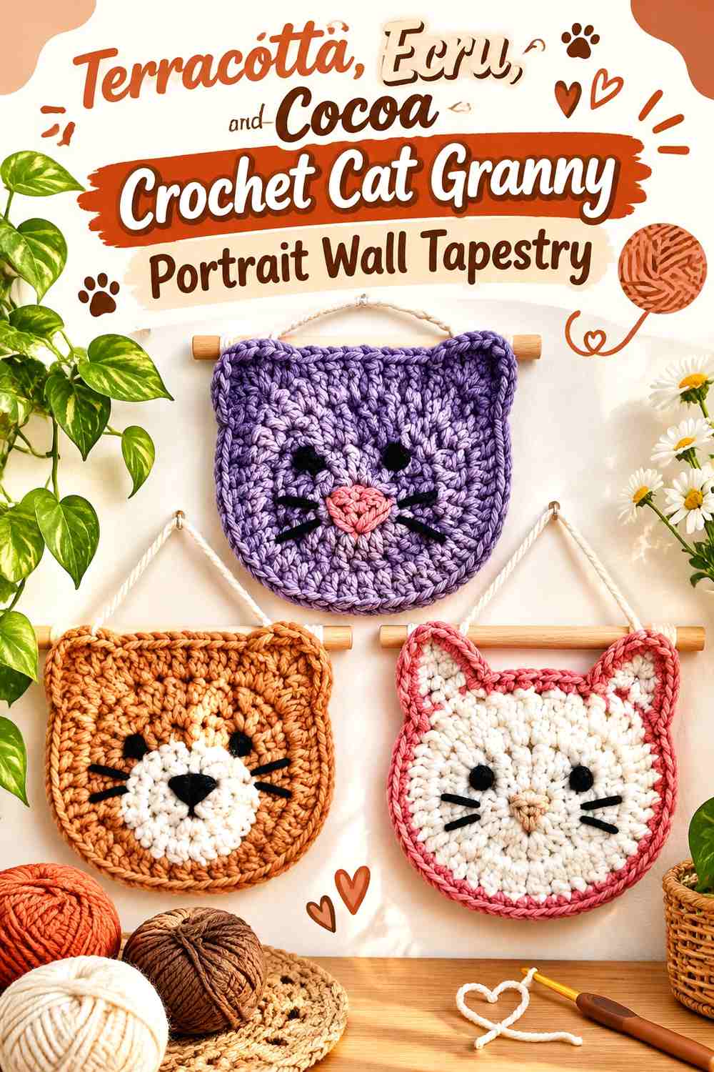 Terracotta, Ecru, and Cocoa Crochet Cat Granny Portrait Wall Tapestry