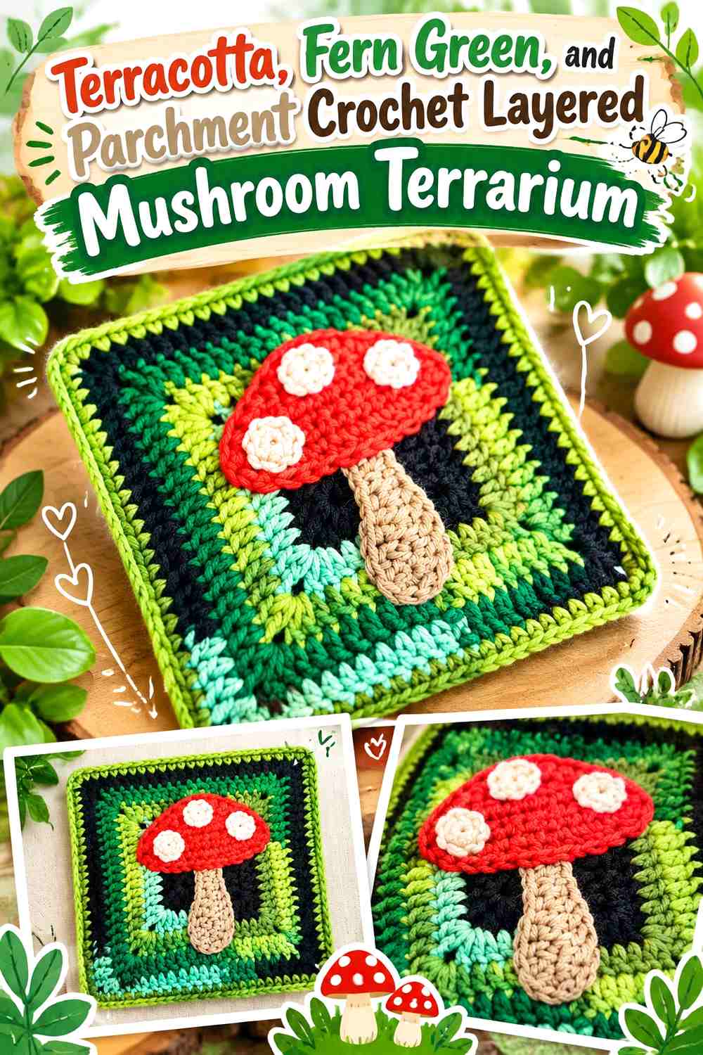 Terracotta, Fern Green, and Parchment Crochet Layered Mushroom Terrarium