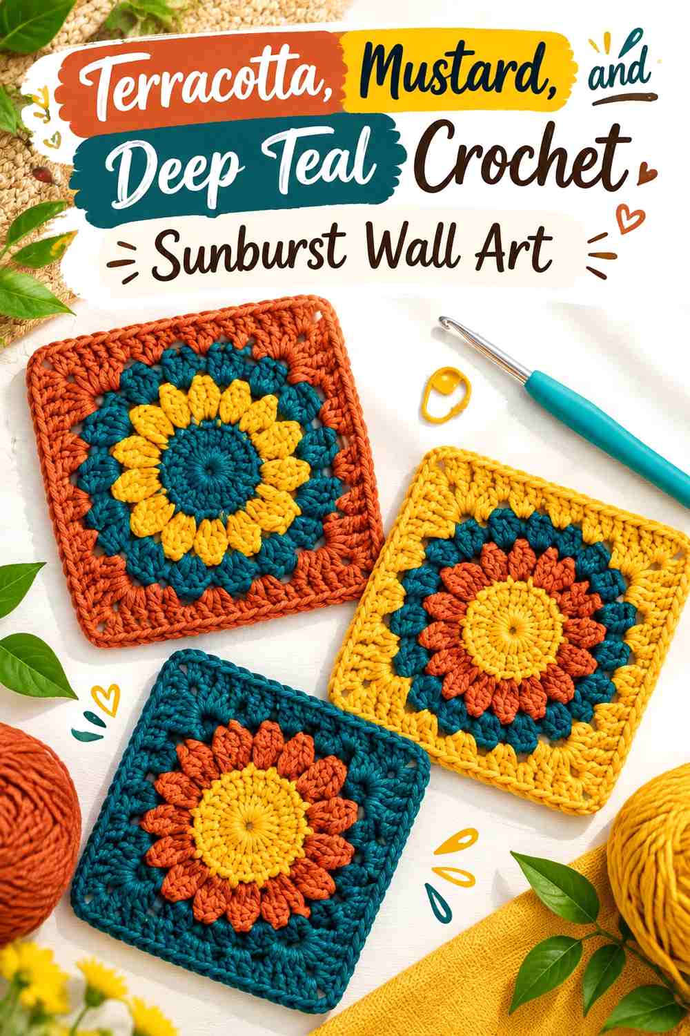 Terracotta, Mustard, and Deep Teal Crochet Sunburst Wall Art
