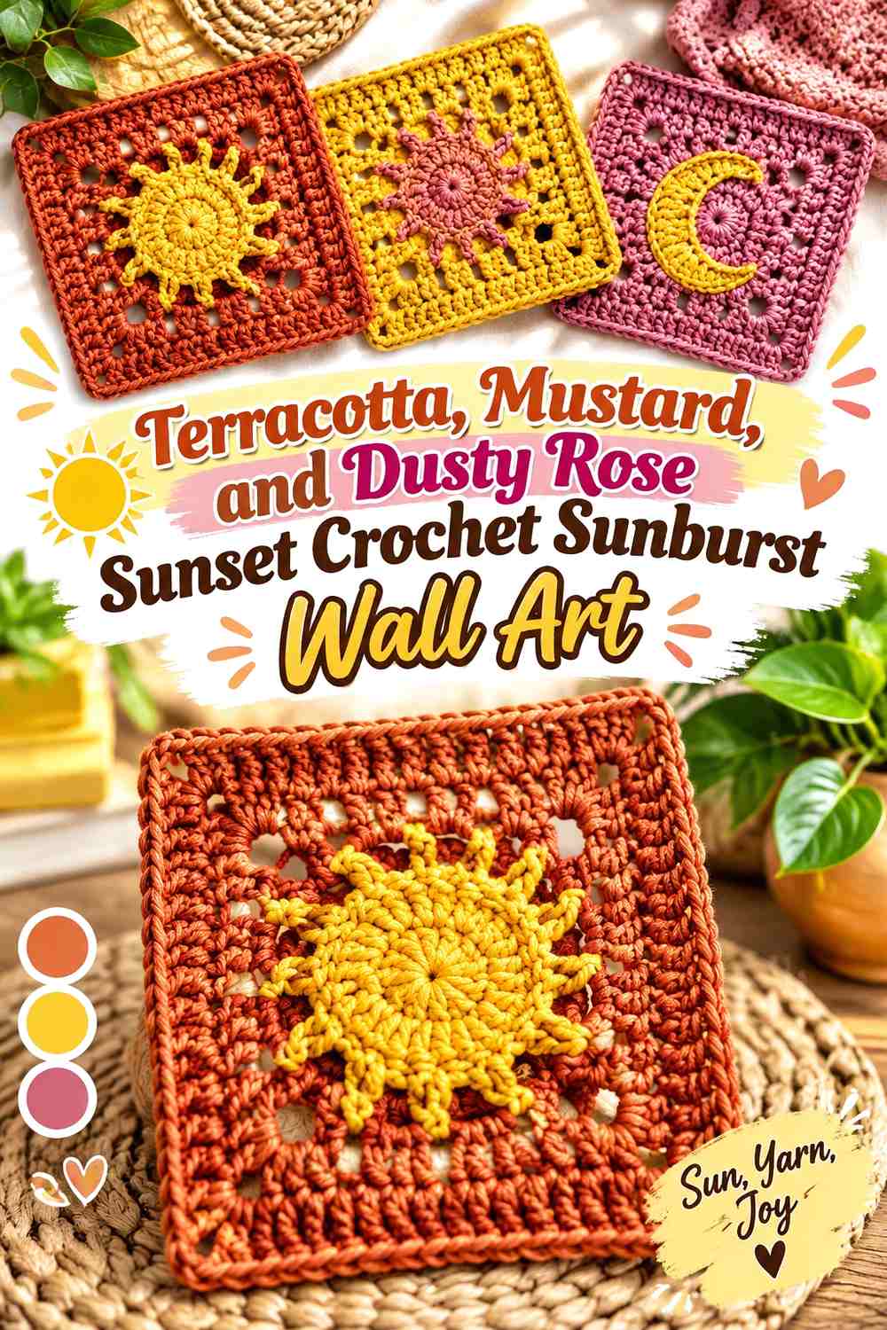 Terracotta, Mustard, and Dusty Rose Sunset Crochet Sunburst Wall Art