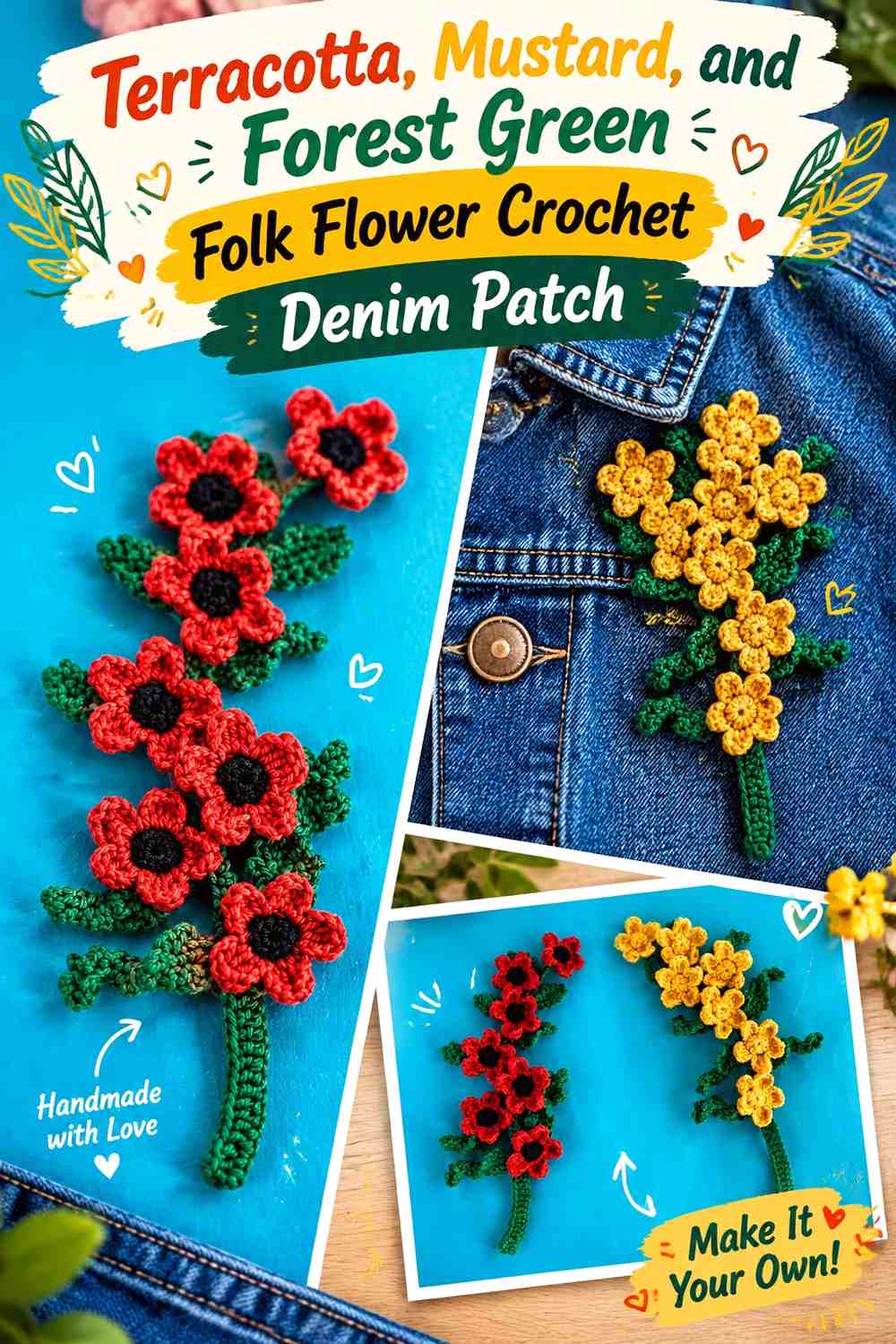 Terracotta, Mustard, and Forest Green Folk Flower Crochet Denim Patch