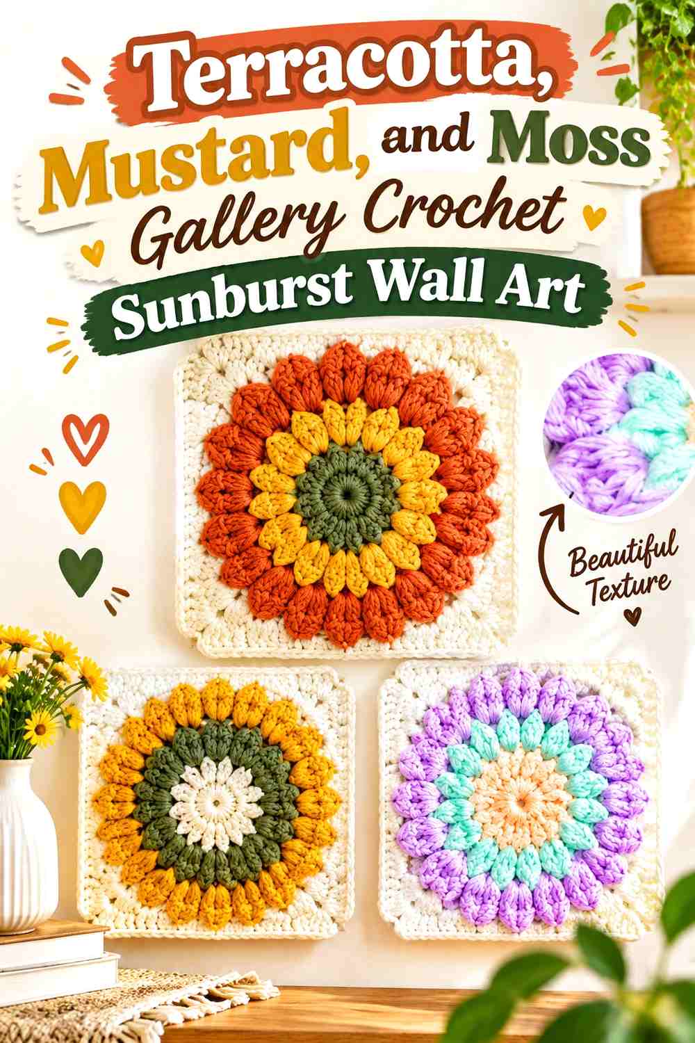 Terracotta, Mustard, and Moss Gallery Crochet Sunburst Wall Art