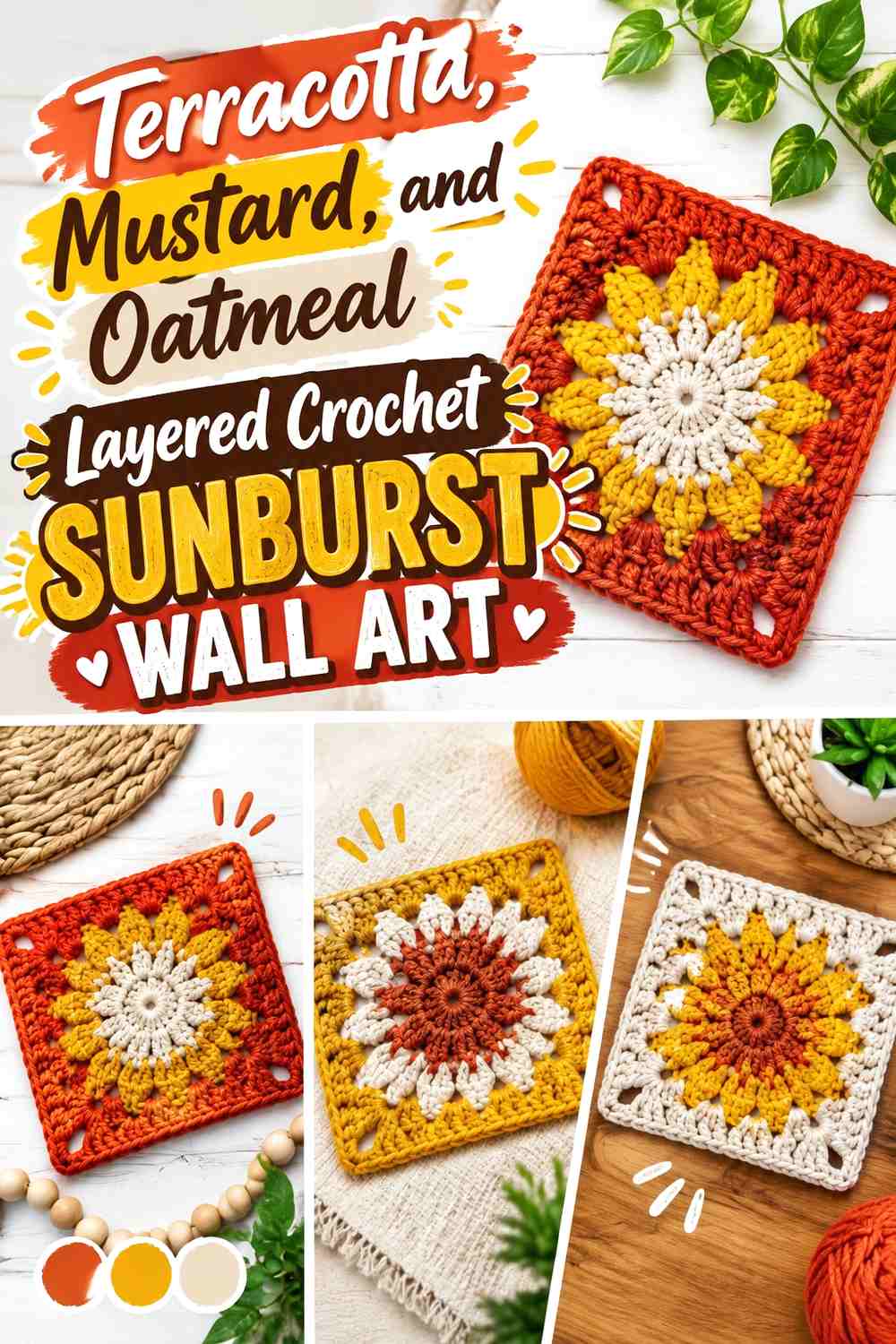 Terracotta, Mustard, and Oatmeal Layered Crochet Sunburst Wall Art