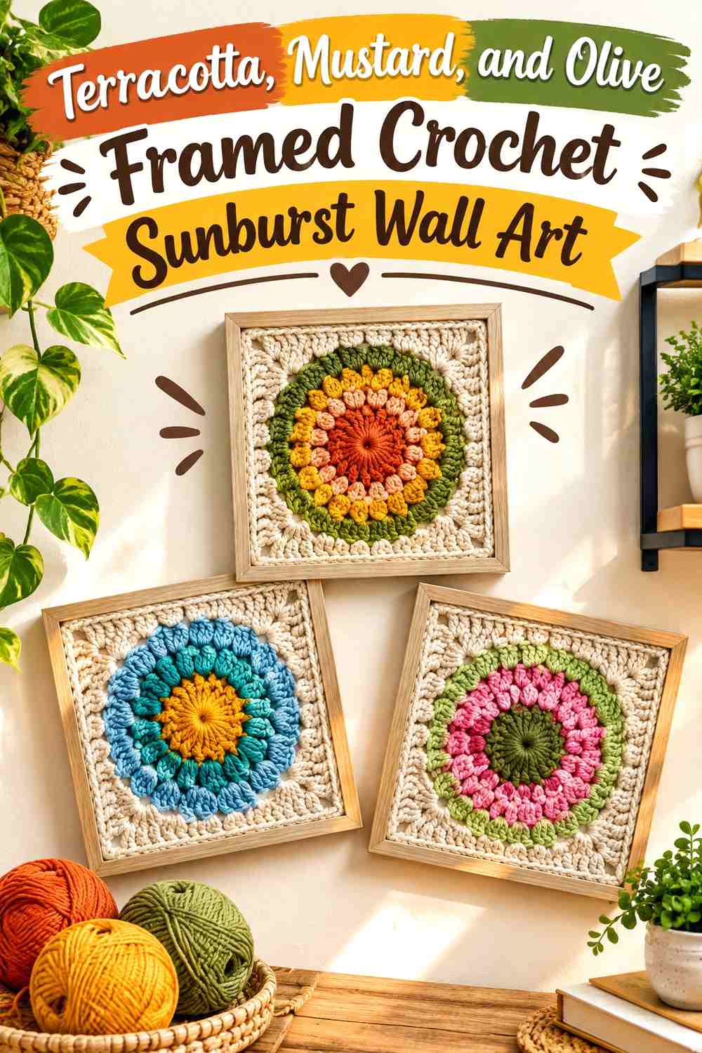 Terracotta, Mustard, and Olive Framed Crochet Sunburst Wall Art