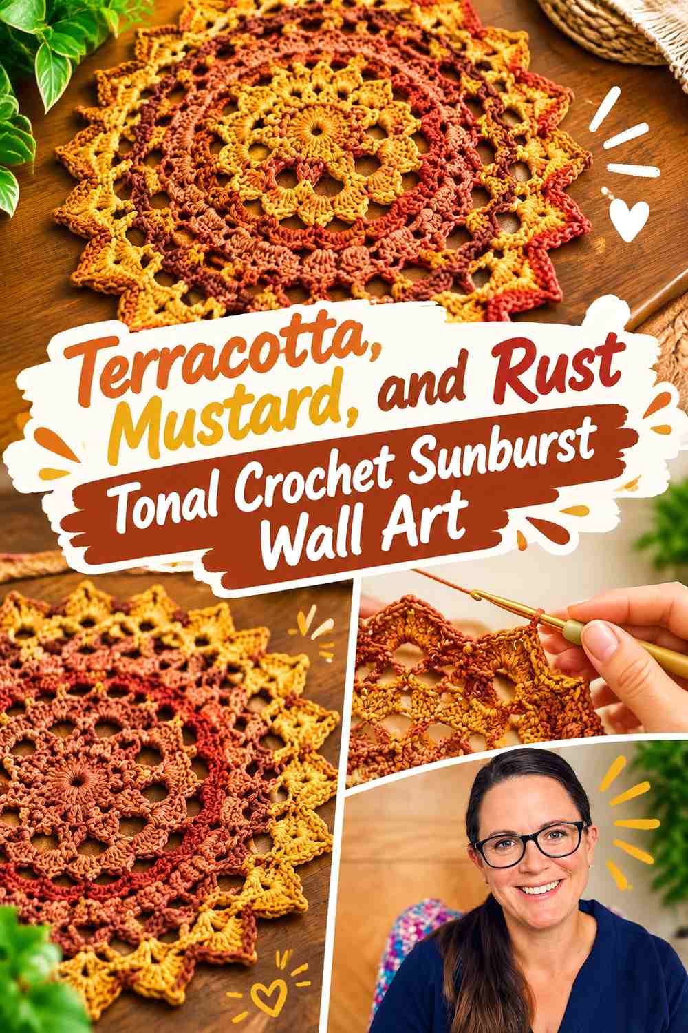 Terracotta, Mustard, and Rust Tonal Crochet Sunburst Wall Art