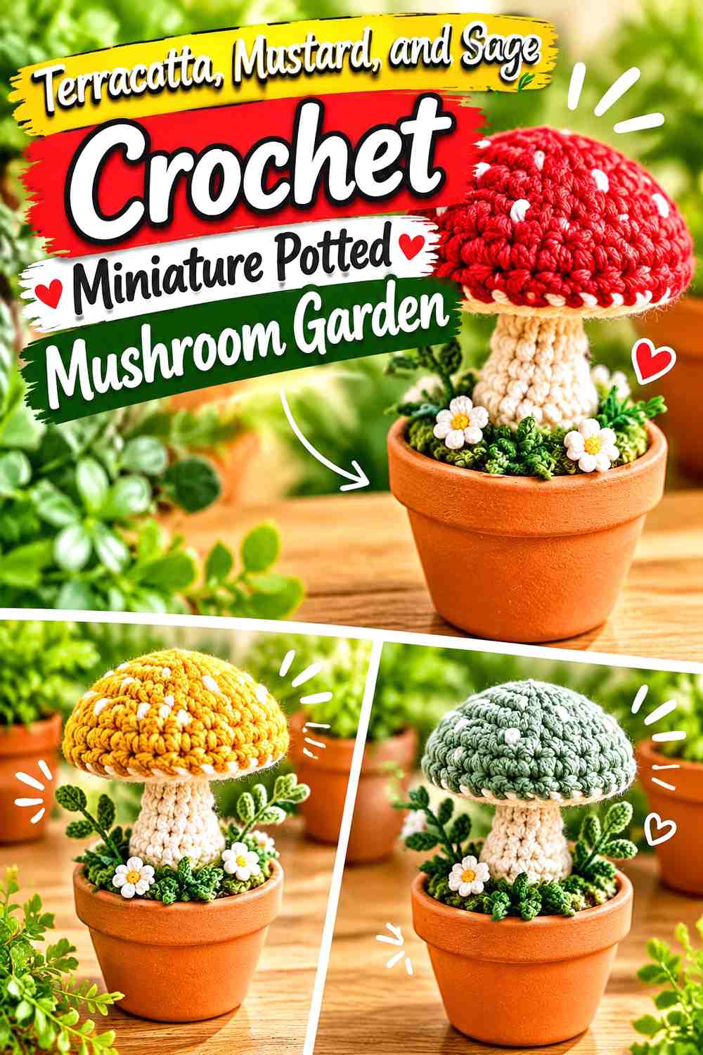 Terracotta, Mustard, and Sage Crochet Miniature Potted Mushroom Garden